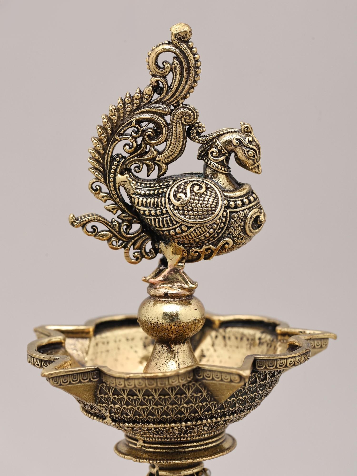 9" Peacock Brass Oil Lamp with Wood Base for Home and Temple | Made in India - 2