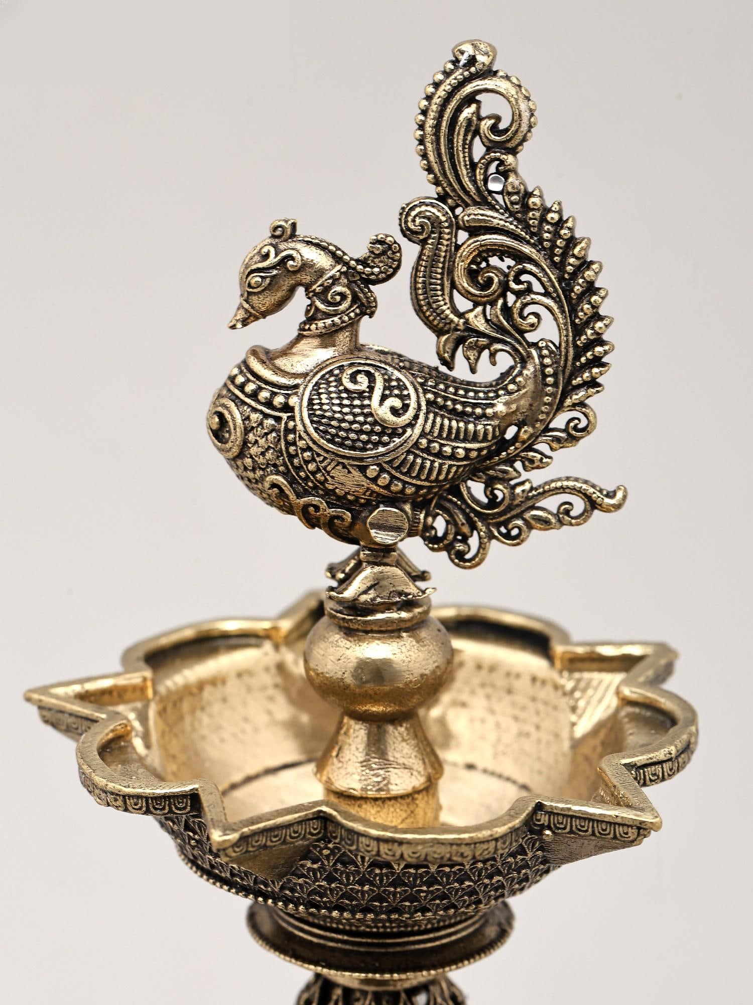 9" Peacock Brass Oil Lamp with Wood Base for Home and Temple | Made in India - 2