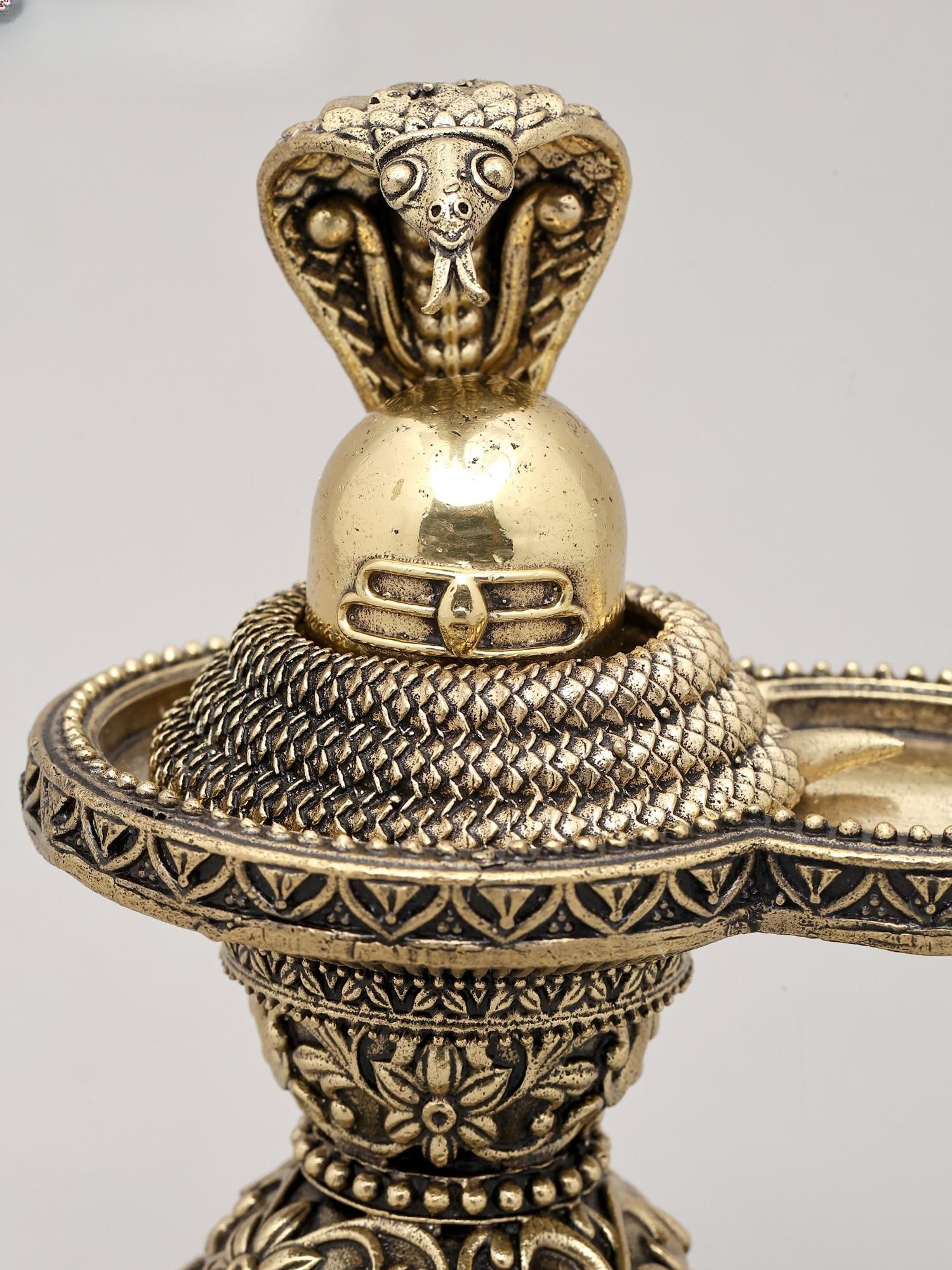5" Small Superfine Shivling and Protective Vasuki with Wood Base | Brass Statue | Made in India - 2