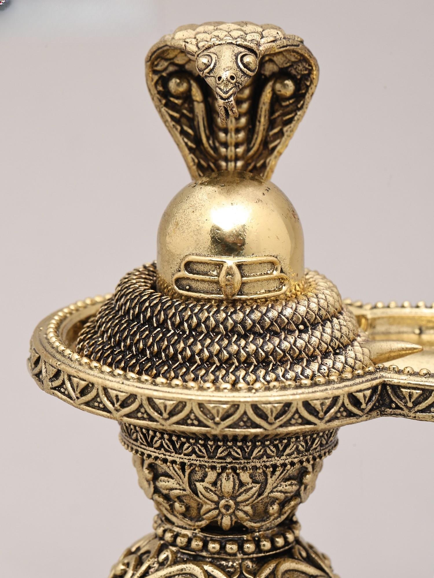 5" Small Superfine Shivling and Protective Vasuki with Wood Base | Brass Statue | Made in India - 2