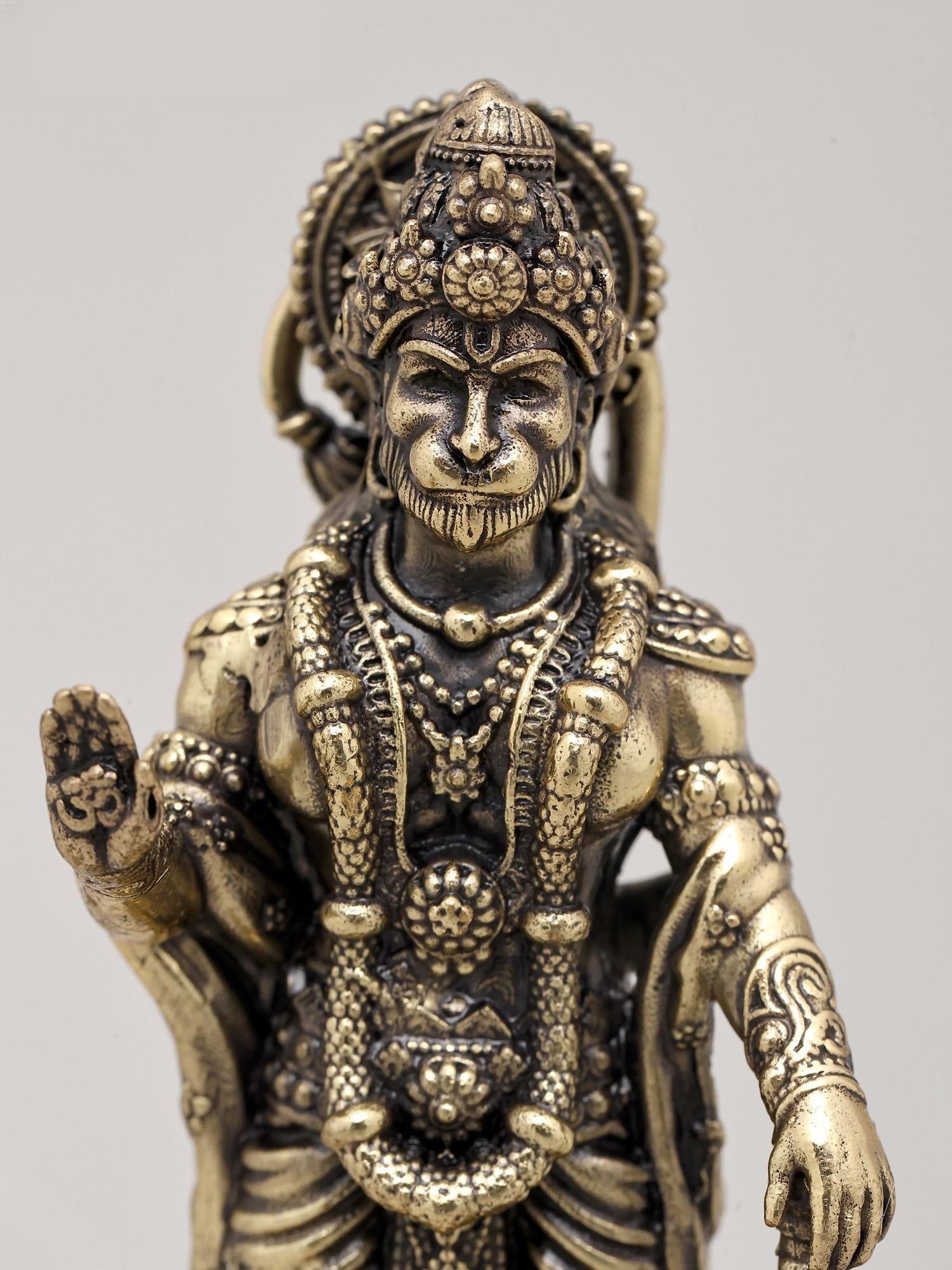 5" Small Superfine Lord Hanuman Standing in Blessing Gesture with Mace and Wood Base | Brass Statue - 2