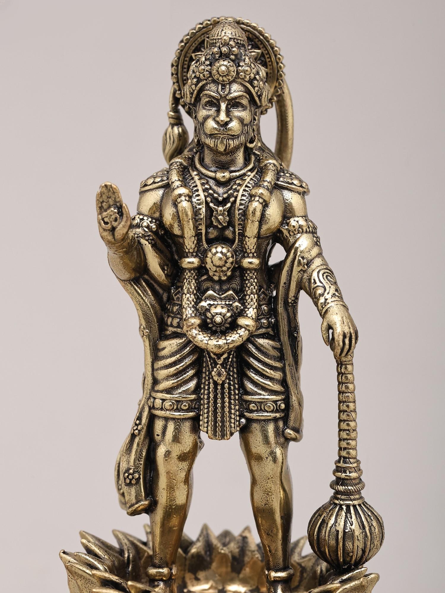 5" Small Superfine Lord Hanuman Standing in Blessing Gesture with Mace and Wood Base | Brass Statue - 2