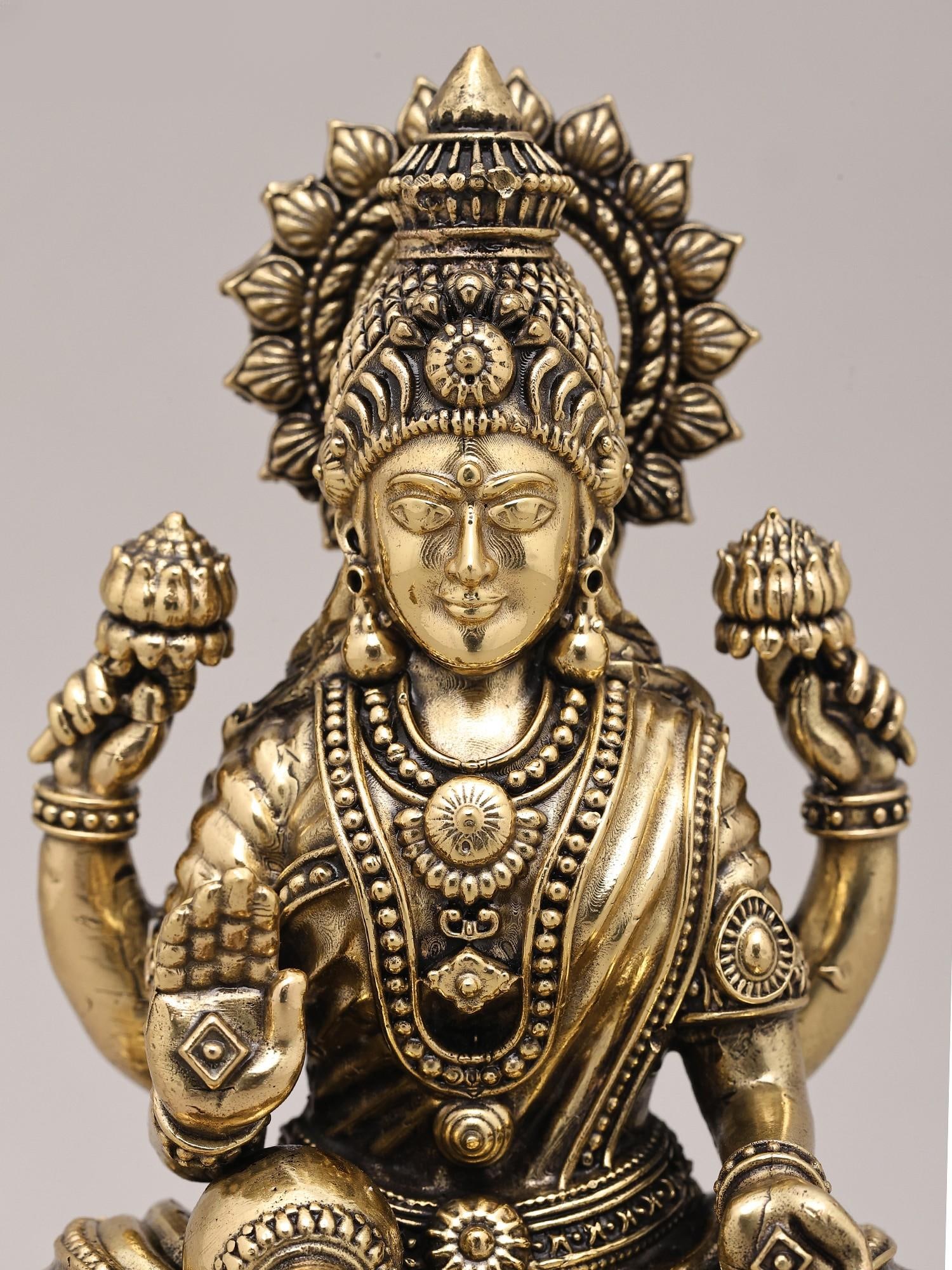 7" Superfine Goddess Dhanalakshmi Seated on Lotus with Four Arms and Wood Base | Brass Sculpture - 2