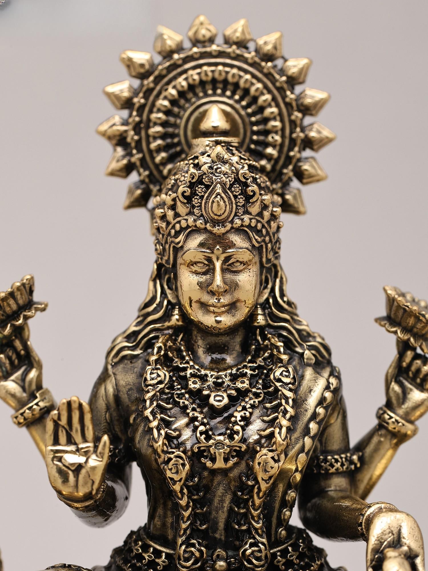 5" Superfine Goddess Dhanalakshmi Seated on Asana with Wood Base | Brass Statue - 2