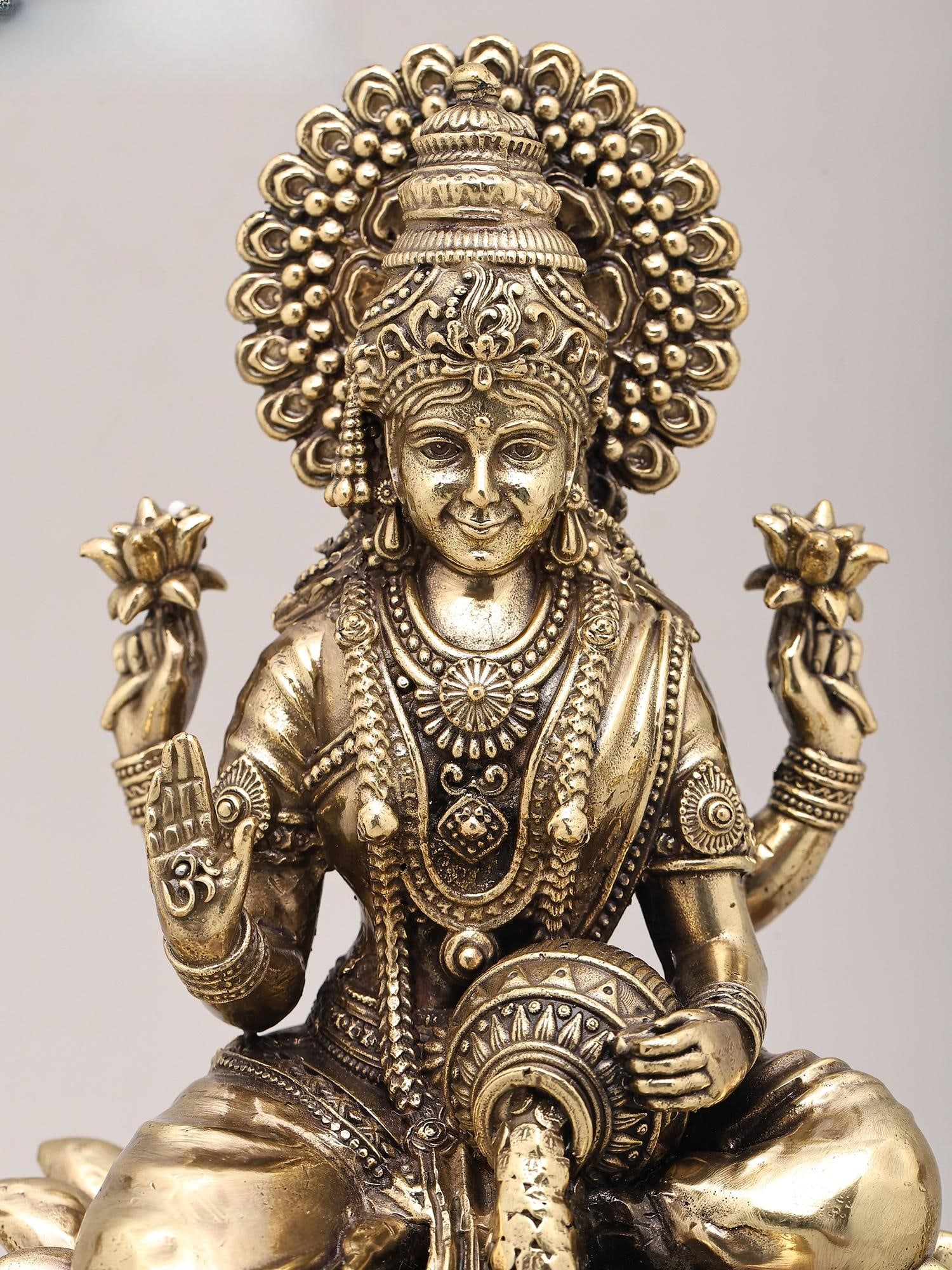 9" Superfine Four Armed Goddess Lakshmi with Peacock Lamp and Wood Base | Brass Idol - 2