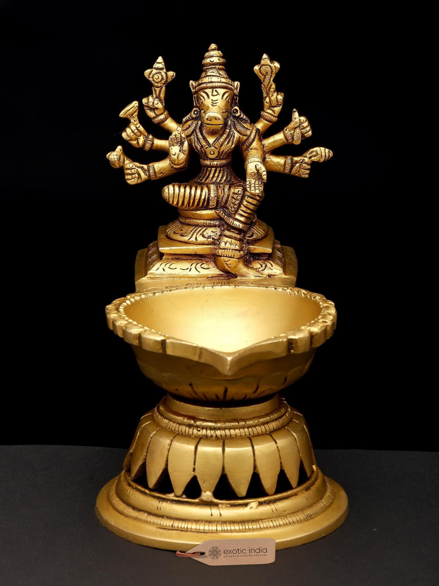 6" Small Goddess Varahi Lamp in Brass | Handmade | Made In India: Embrace Divine Protection with the Varahi Lamp Illuminating your sacred space and invoking the blessings of a powerful goddess, this exquisite brass lamp is a testament to ancient Indian
