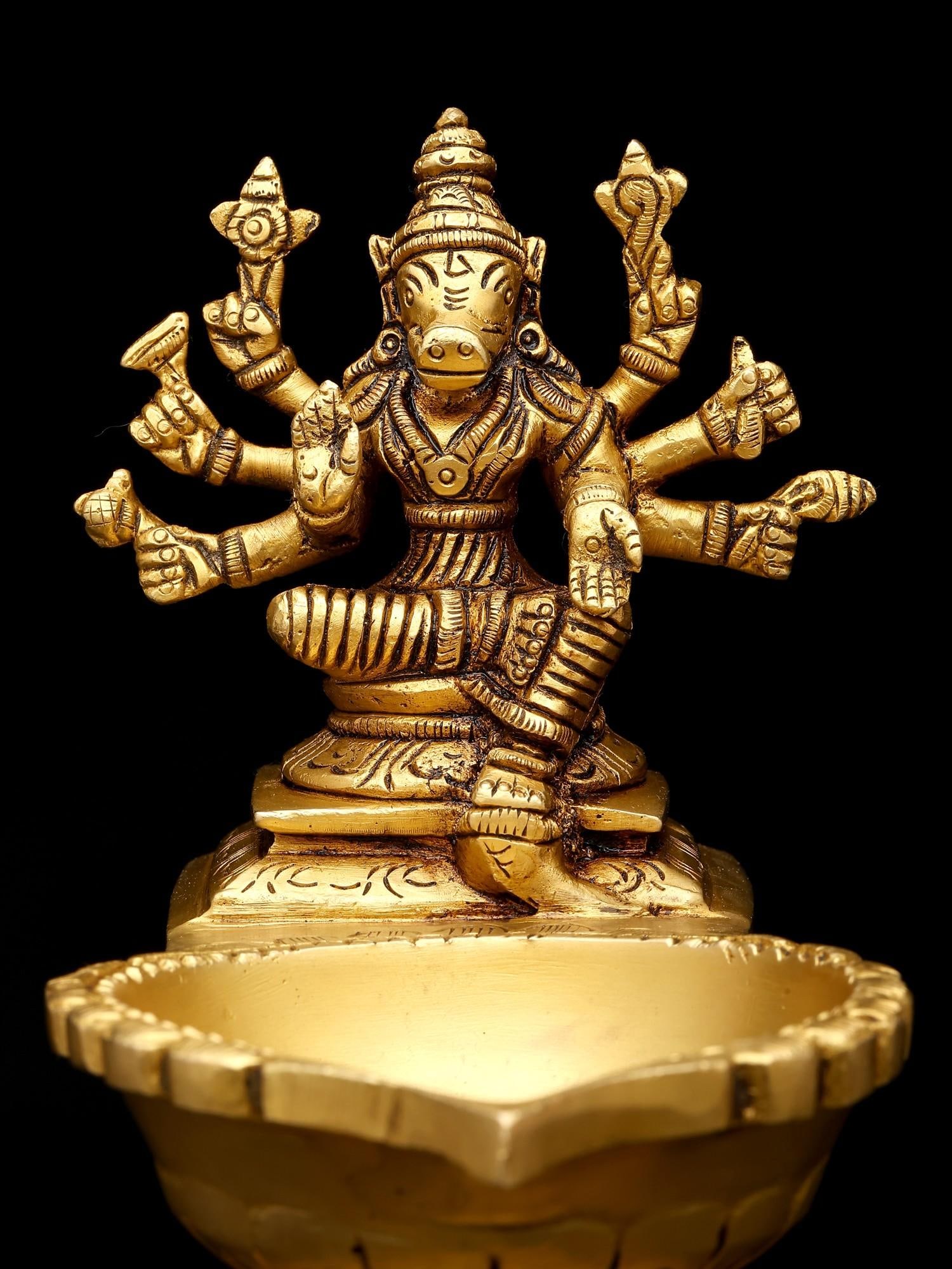 6" Small Goddess Varahi Lamp in Brass | Handmade | Made In India - 2