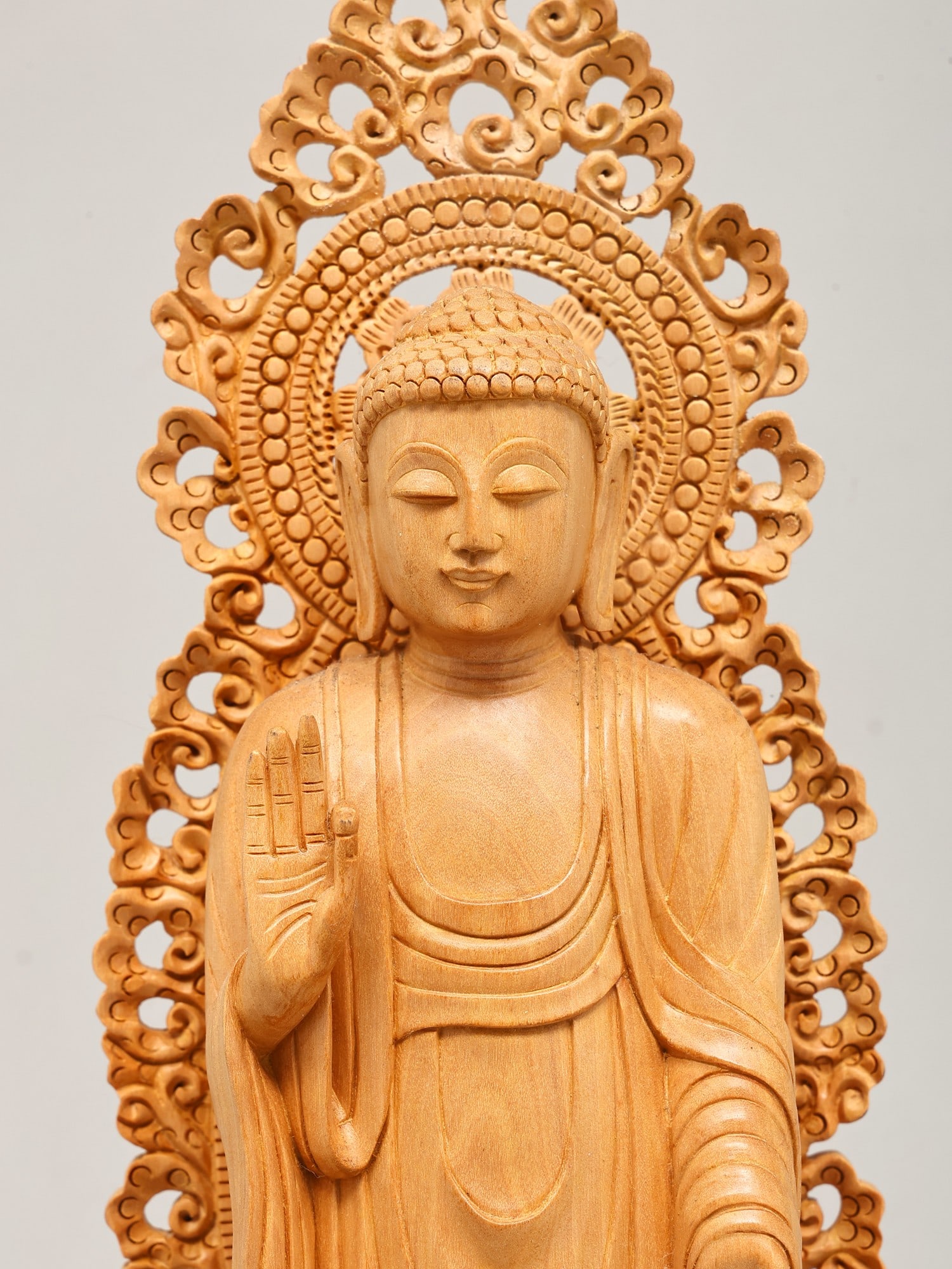 18" Standing Lord Buddha in Vitark Mudra on Lotus Pedestal | Wood Carved Statue - 2