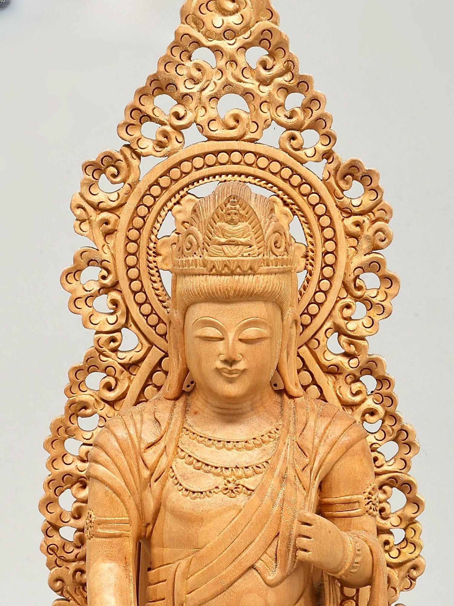 18" Lord Buddha Standing in Varada Mudra on Lotus Pedestal | Wood Carved Statue - 2
