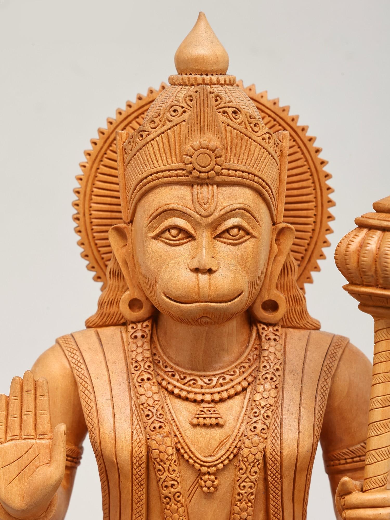 10" Lord Hanuman Seated in Blessing Gesture | Wood Carved Statue - 2