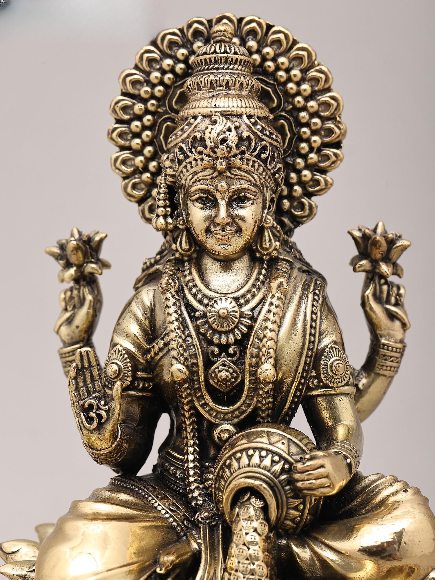 7" Superfine Seated Goddess Dhanalakshmi with Oil Lamps and Wood Base | Brass Sculpture - 2