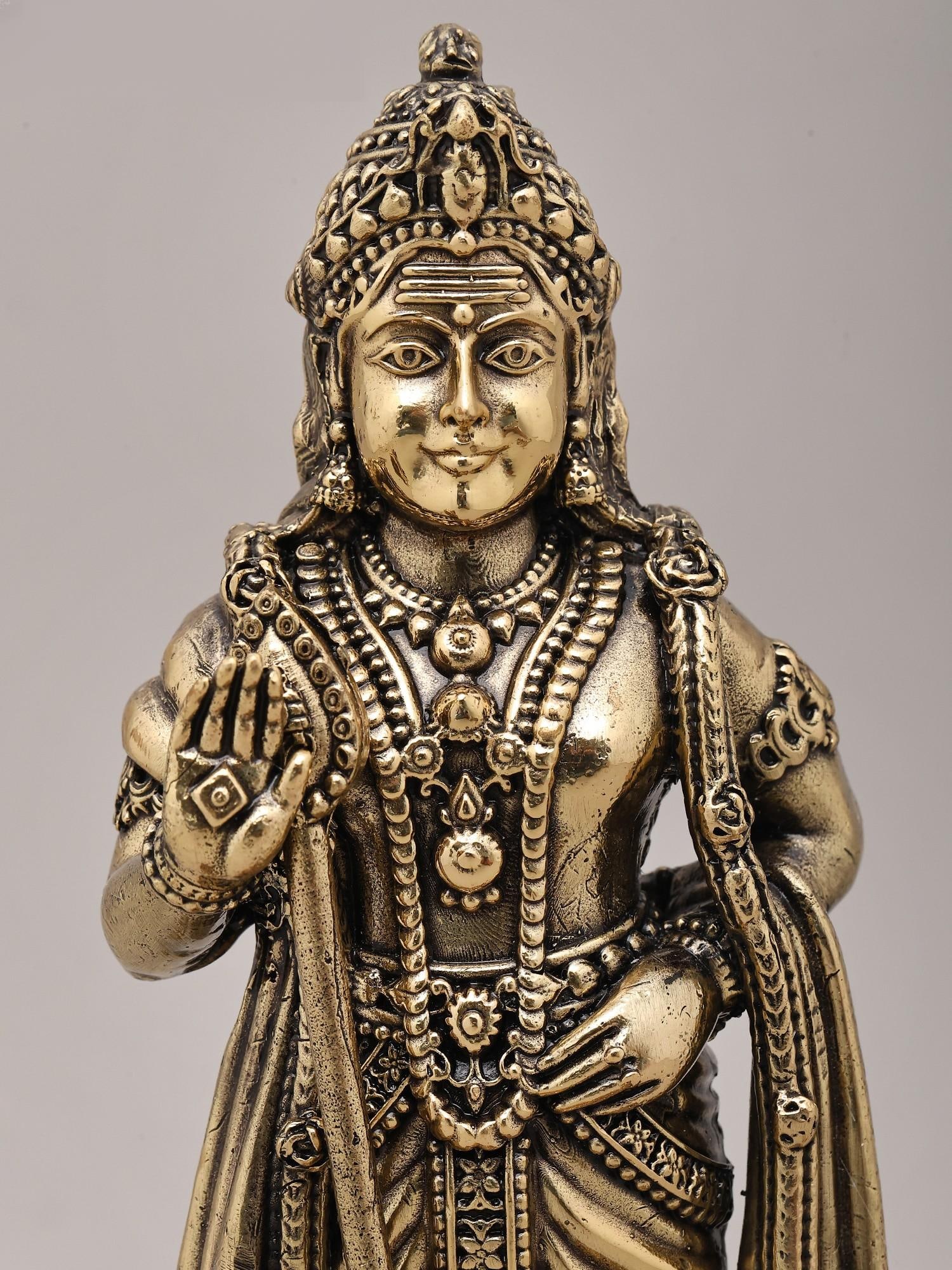 9" Superfine Lord Kartikeya in Standing Gesture with Peacock and Wood Base | Brass Idol - 2