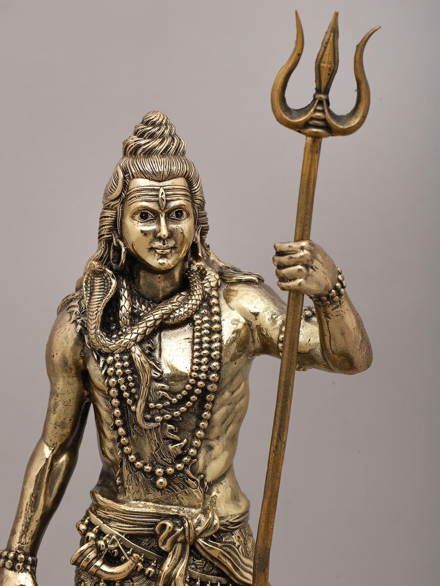 13" Superfine Standing Gesture Lord Shiva with Damaru, Trident and Seated Nandi on Wood Base | Brass - 2