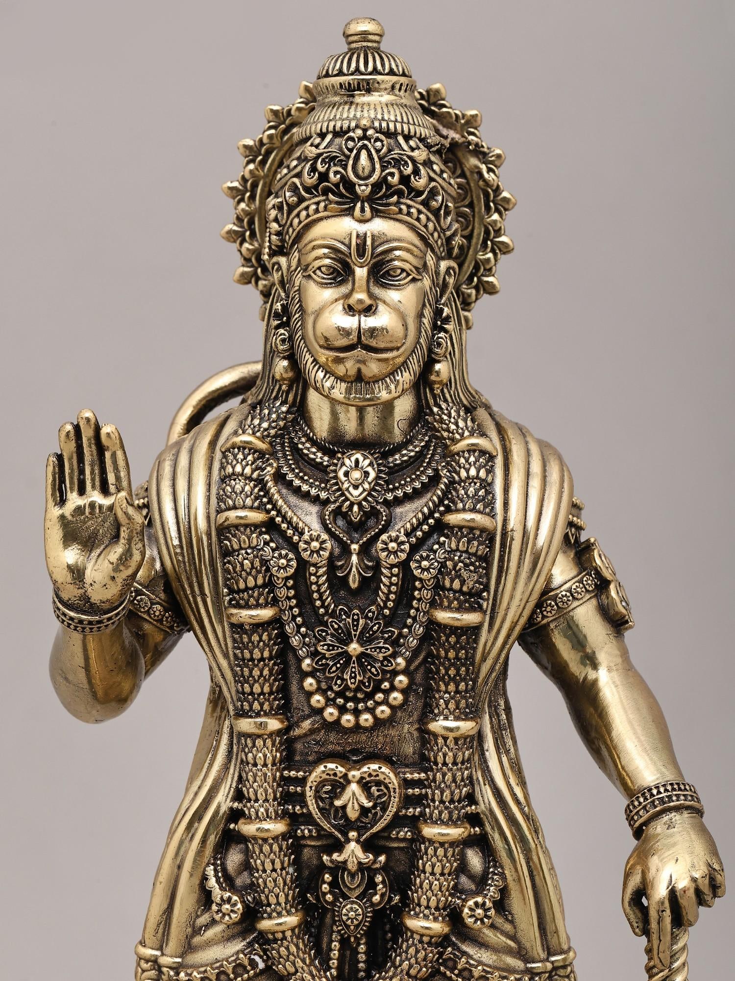 14" Superfine Idol of Lord Hanuman in Blessing Gesture with Mace and Wood Base | Brass Sculpture - 2