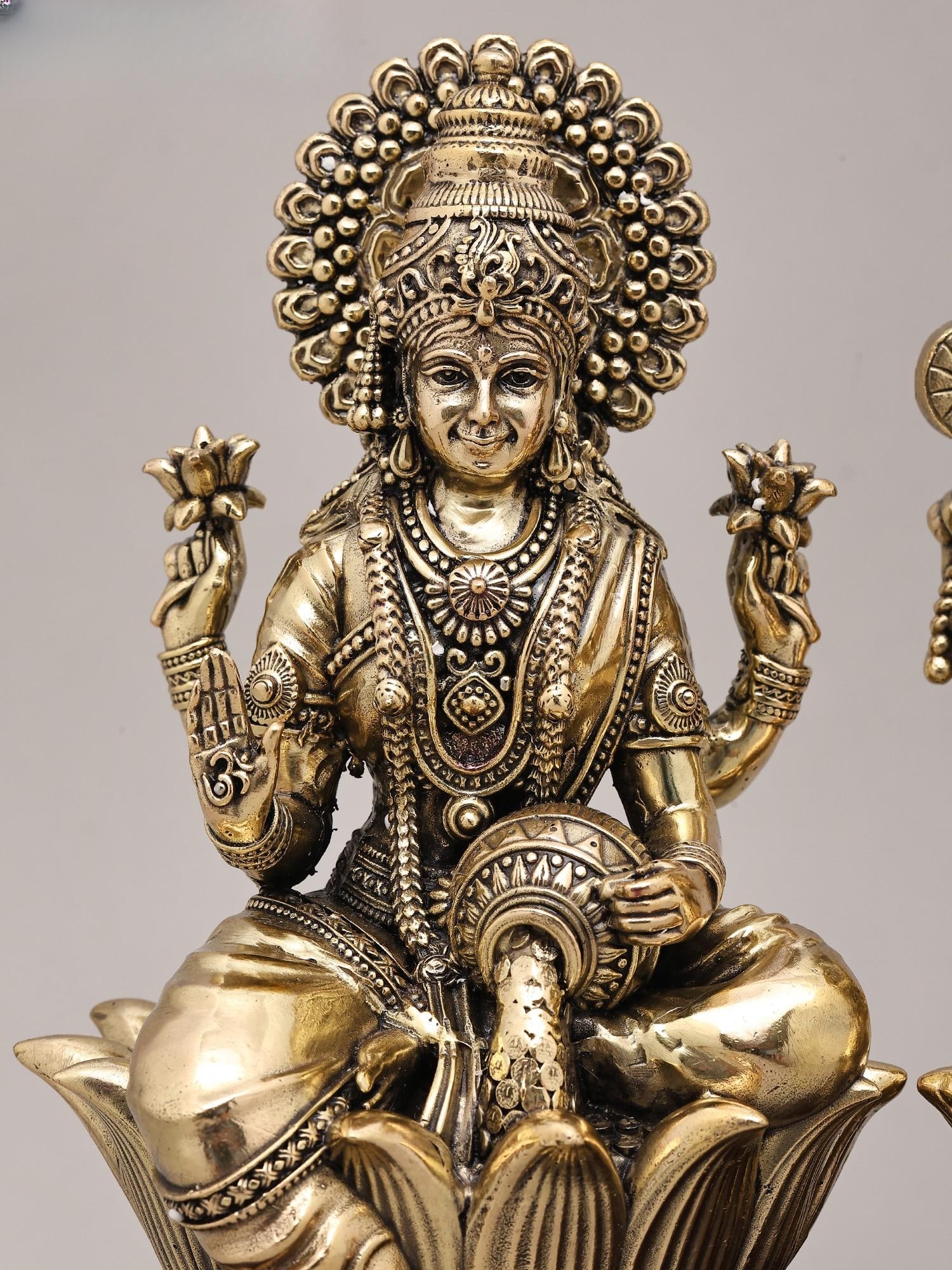 9" Superfine Goddess Lakshmi and Lord Ganesha Idol Seated on Lotus | Brass Statue - 2