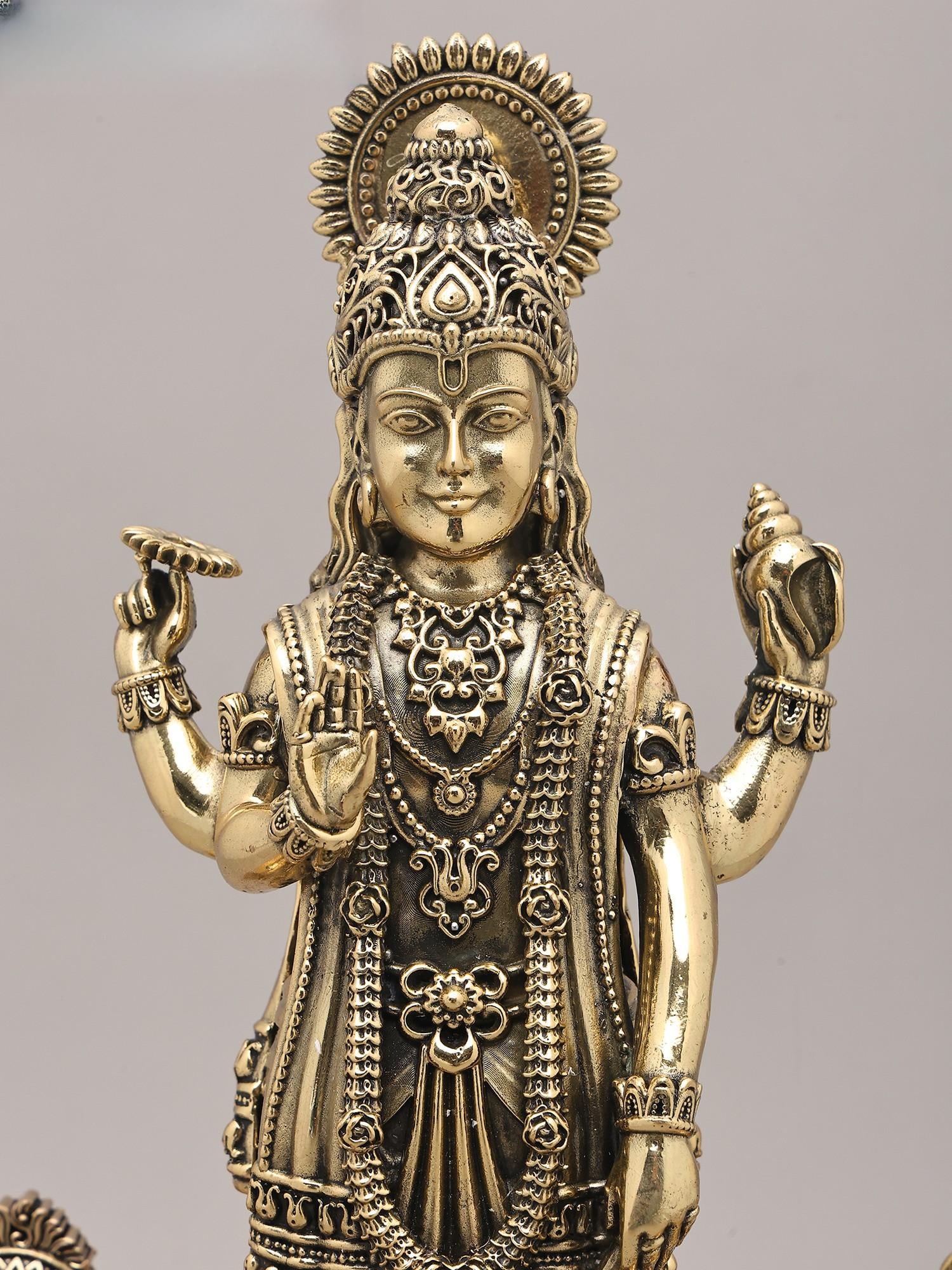 13" Superfine Idol of Four Amred Lord Vishnu with Oil Lamp and Wood Base | Brass Sculpture - 2