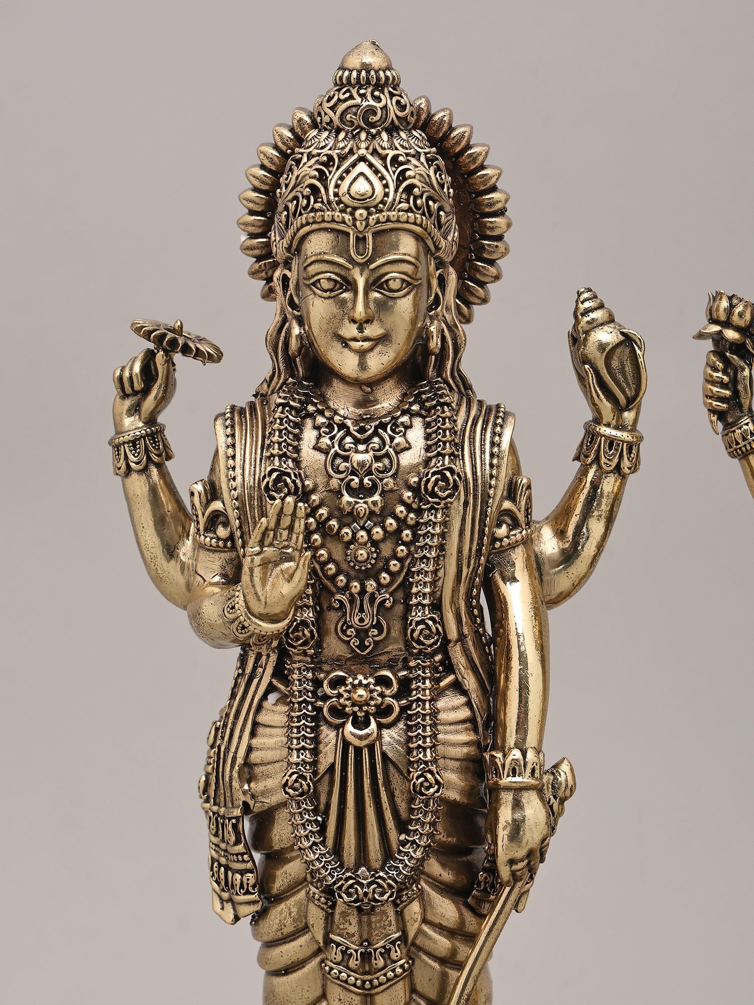11" Superfine Lord Vishnu and Goddess Lakshmi Standing on Wood Base | Brass Idol - 2