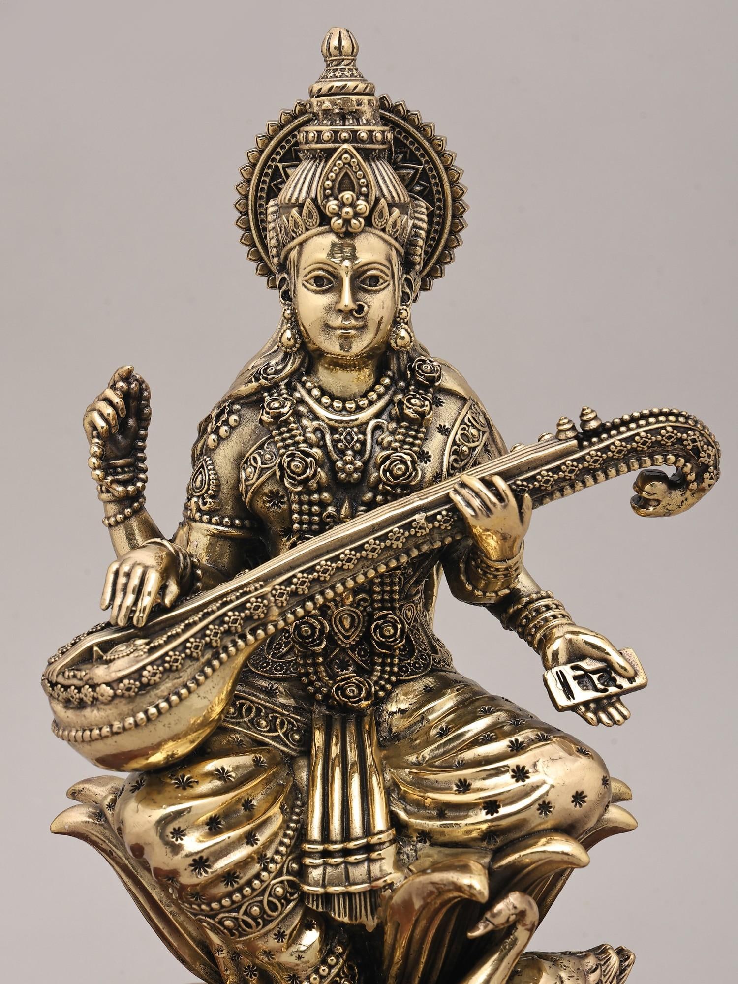 11" Superfine Chaturbhuja Goddess Saraswati Seated on Lotus with Sitar and Wood Base | Brass Statue - 2