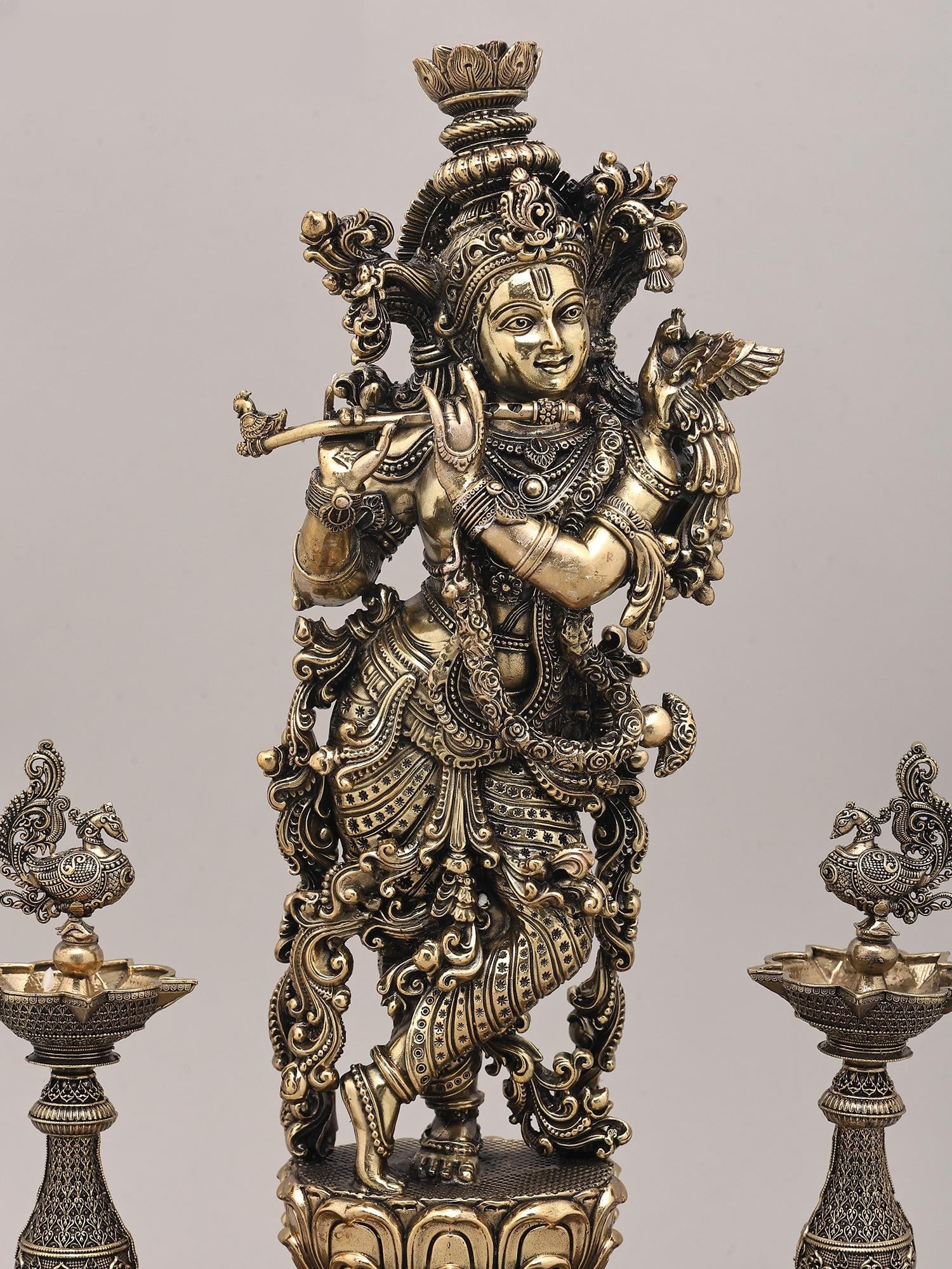 15" Superfine Lord Krishna Playing Flute with Peacock Deepam and Wood Base | Brass Sculpture - 2
