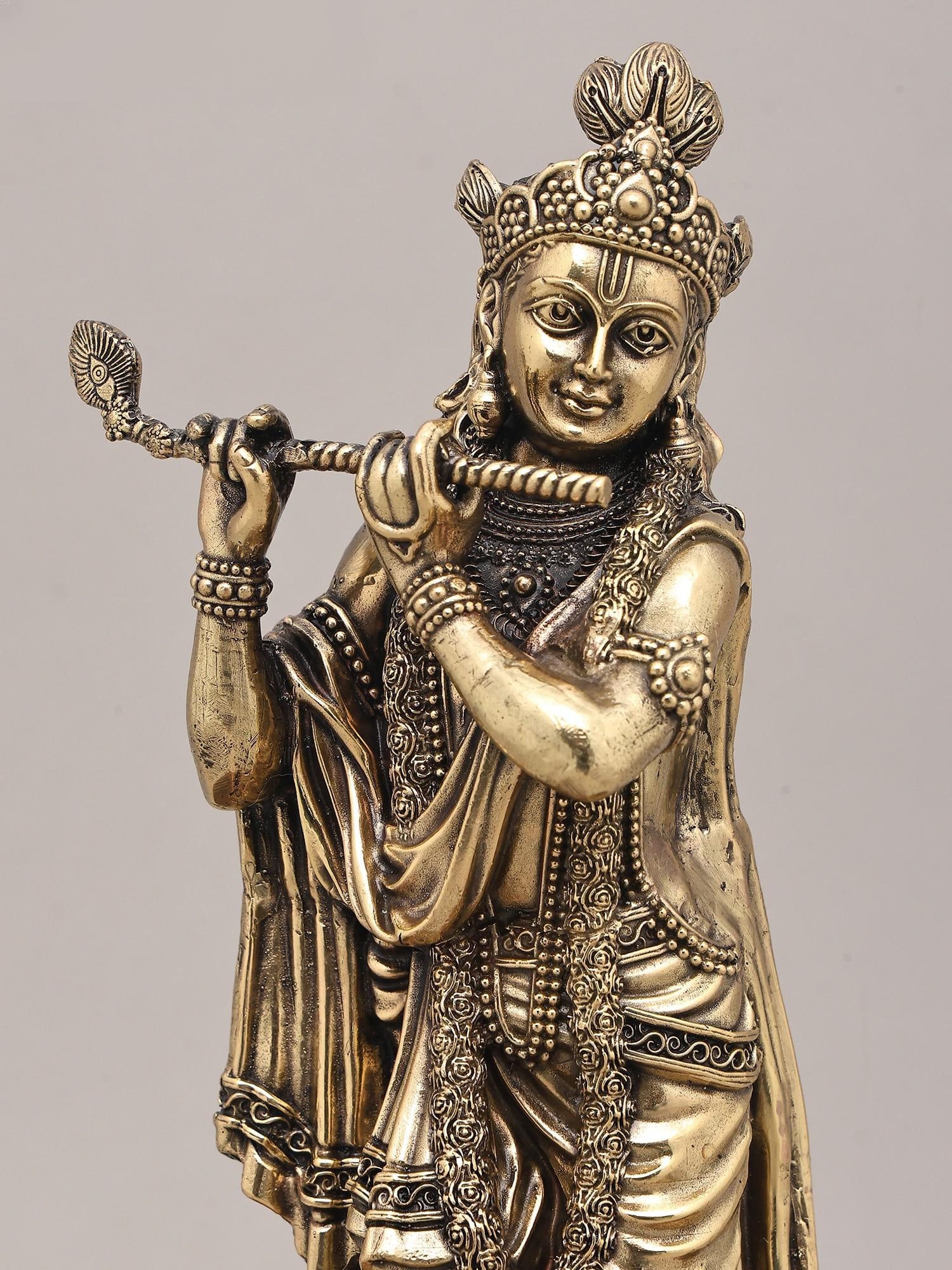 12" Superfine Idol of Lord Krishna Playing Flute in Tribhangi Gesture with Peacock and Wood Base | - 2