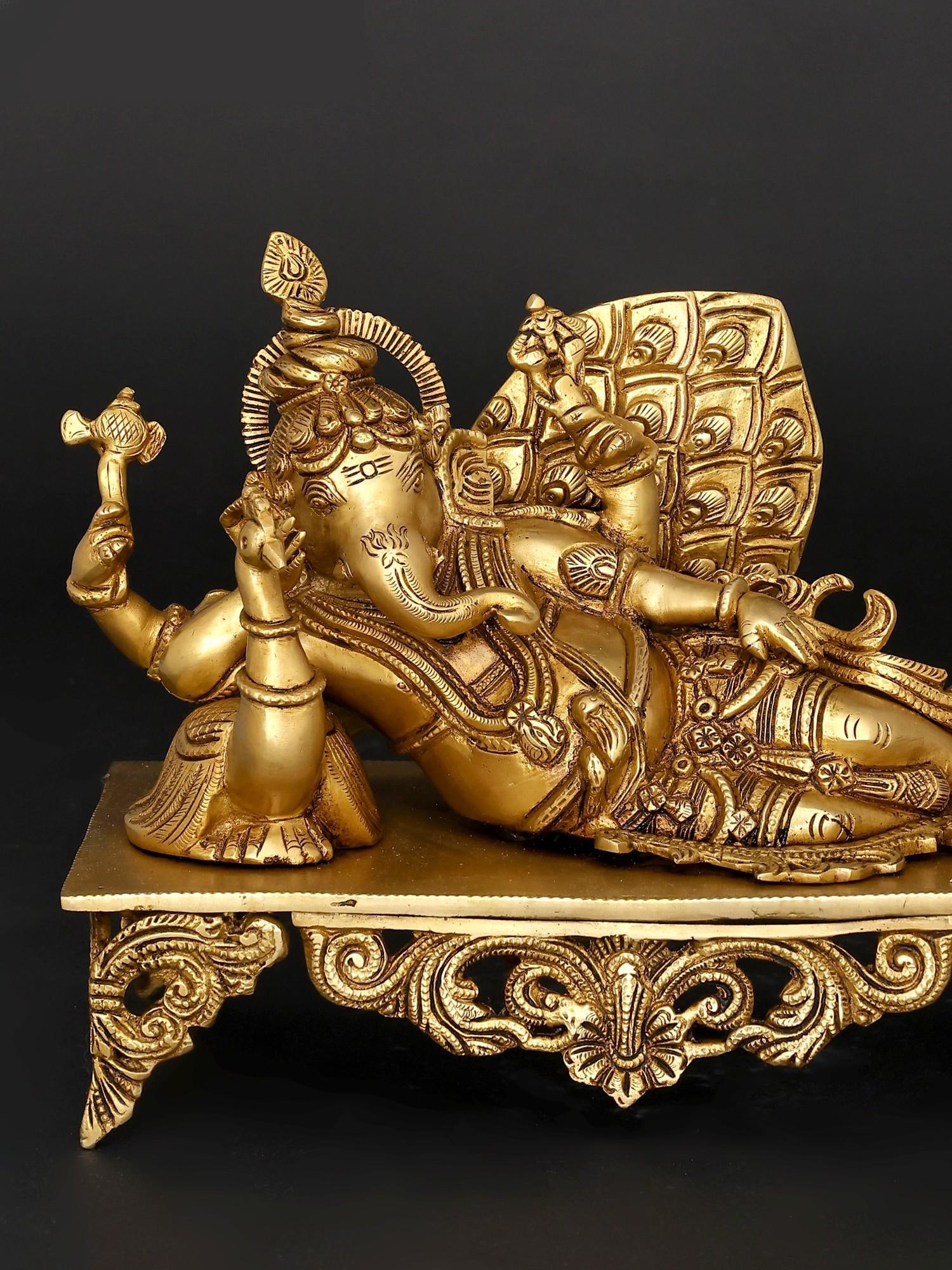 11" Four Armed Relaxing Lord Ganesha with Peacock | Brass Statue - 2