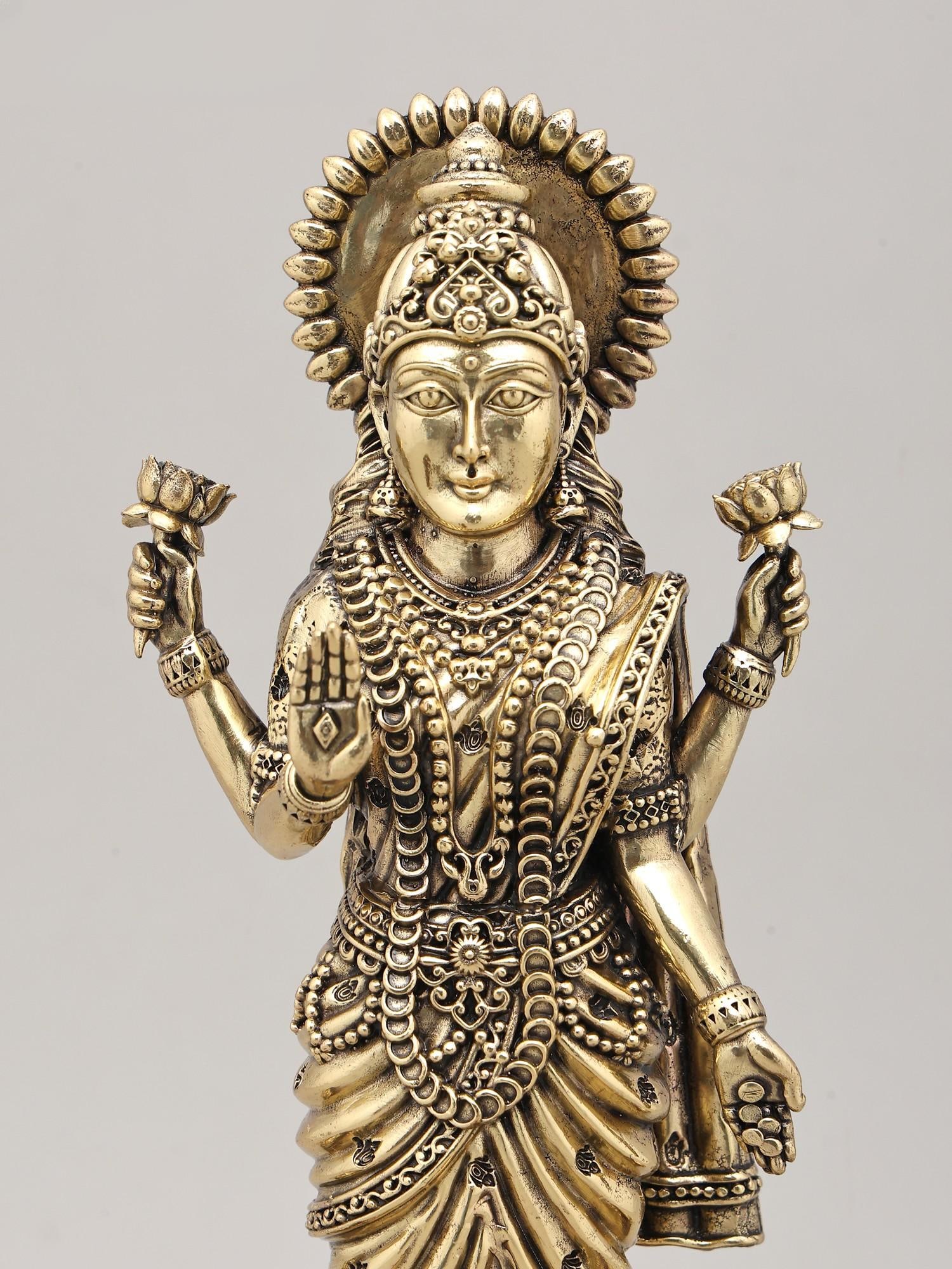 11" Superfine Goddess Lakshmi Standing on Lotus with Oil Lamps and Wood Base | Brass Sculpture - 2