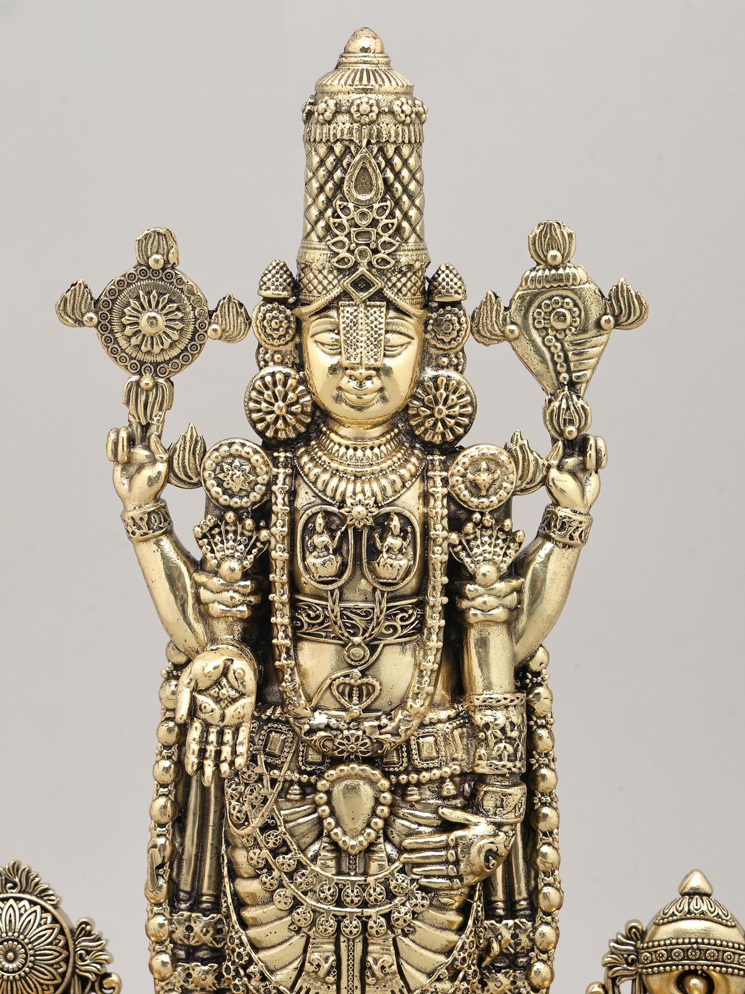 13" Superfine Lord Venkateswara Idol with Vaishnava Symbols Oil Lamp and Wood Base | Brass Sculpture - 2