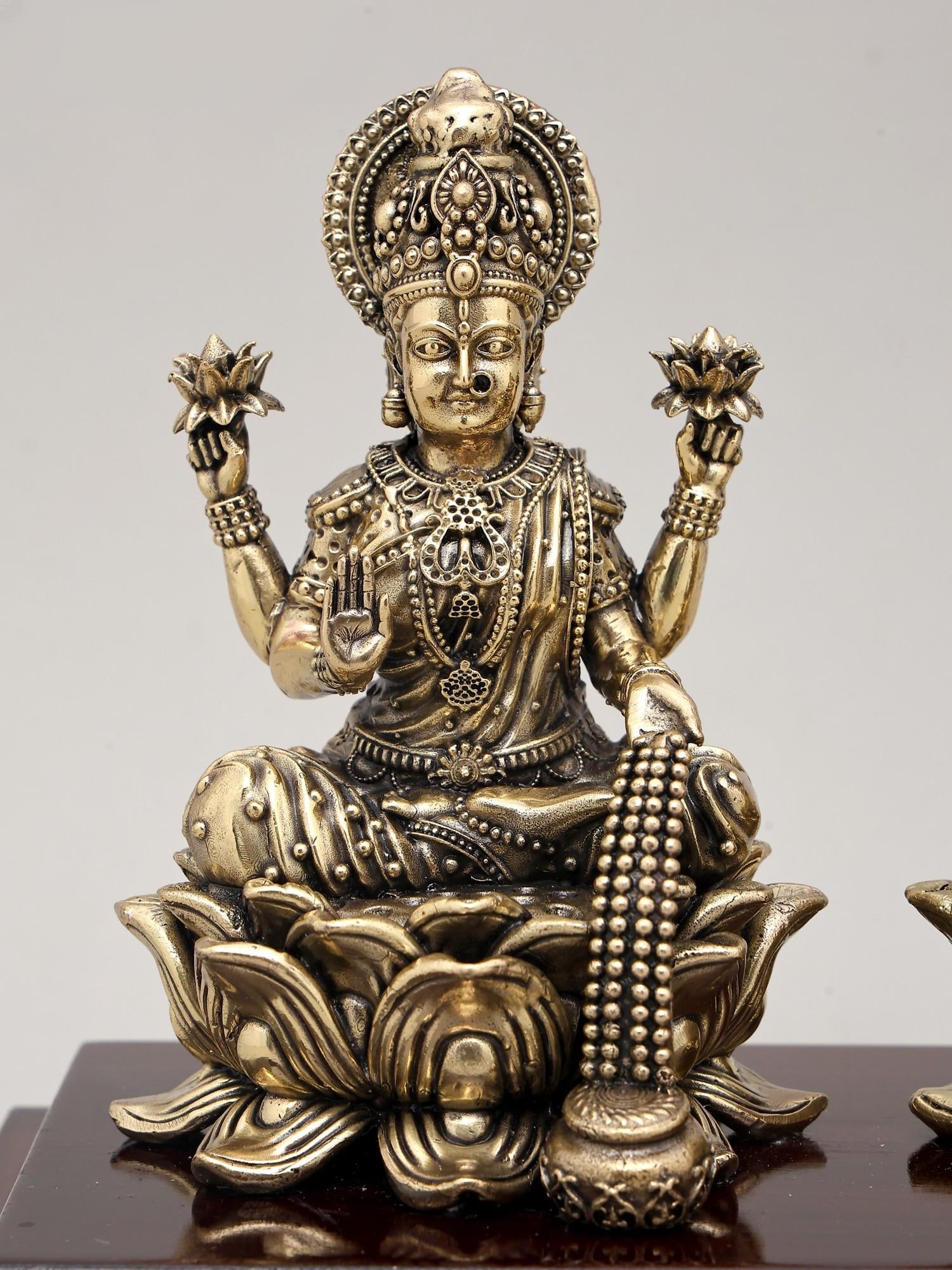 6" Superfine Idol of Goddess Dhanalakshmi and Lord Ganesha with Wood Base | Brass Sculpture - 2