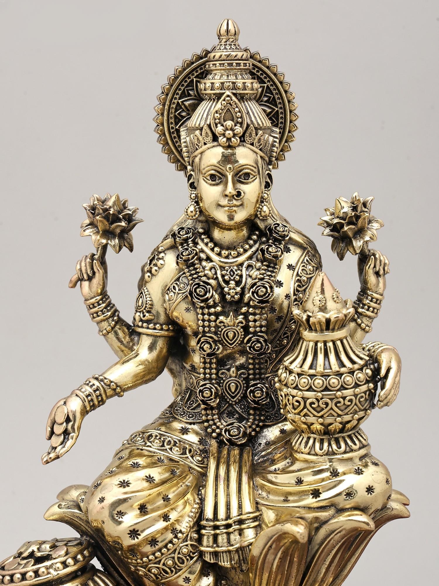 11" Mahalakshmi – The Goddess of Prosperity and Abundance with Wood Base | Brass Statue - 2