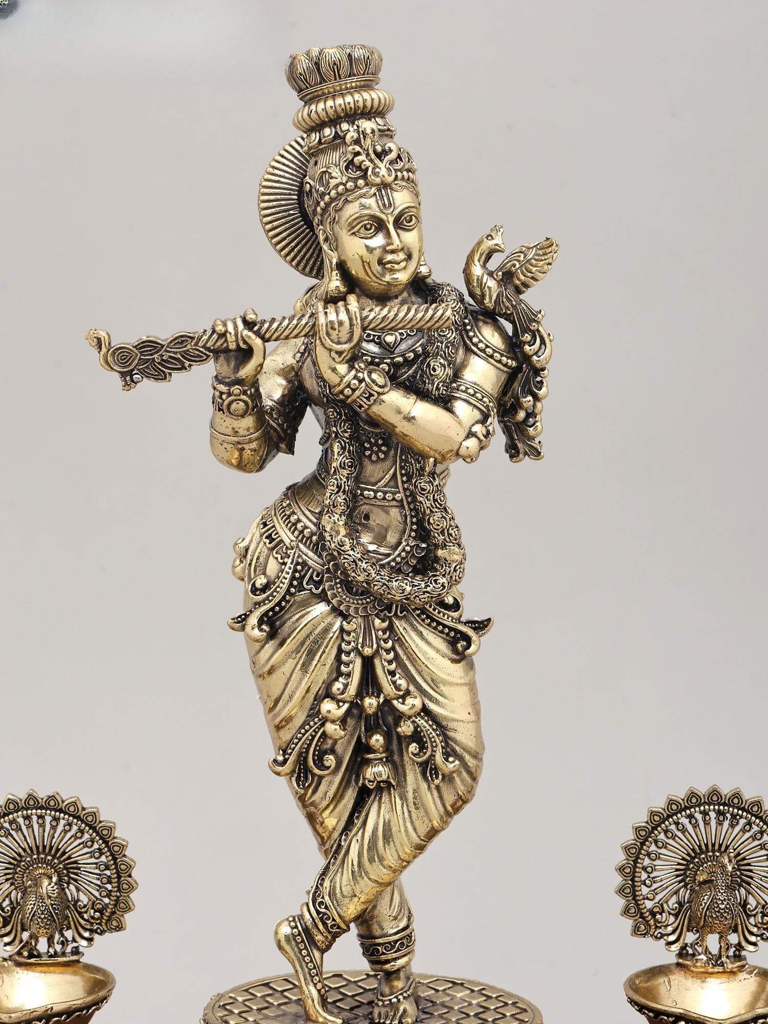 11" Superfine Lord Krishna - The Eternal Flute Player with Wood Base and Oil Lamps | Brass Idol - 2