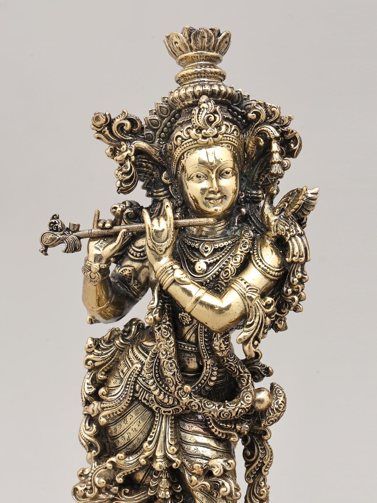 Superfine Divine Pair: Lord Krishna and Radha Standing on Lotus with Wood Base | Brass Idol - 2