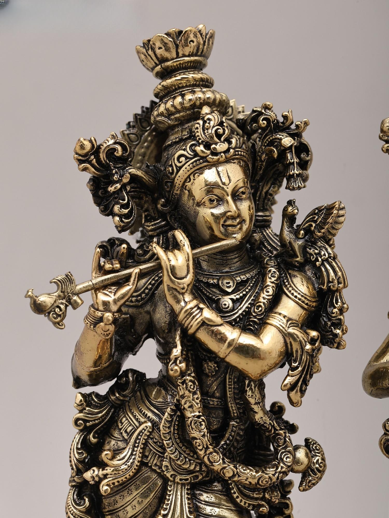 Superfine Divine Pair: Lord Krishna and Radha Standing on Lotus with Wood Base | Brass Idol - 2