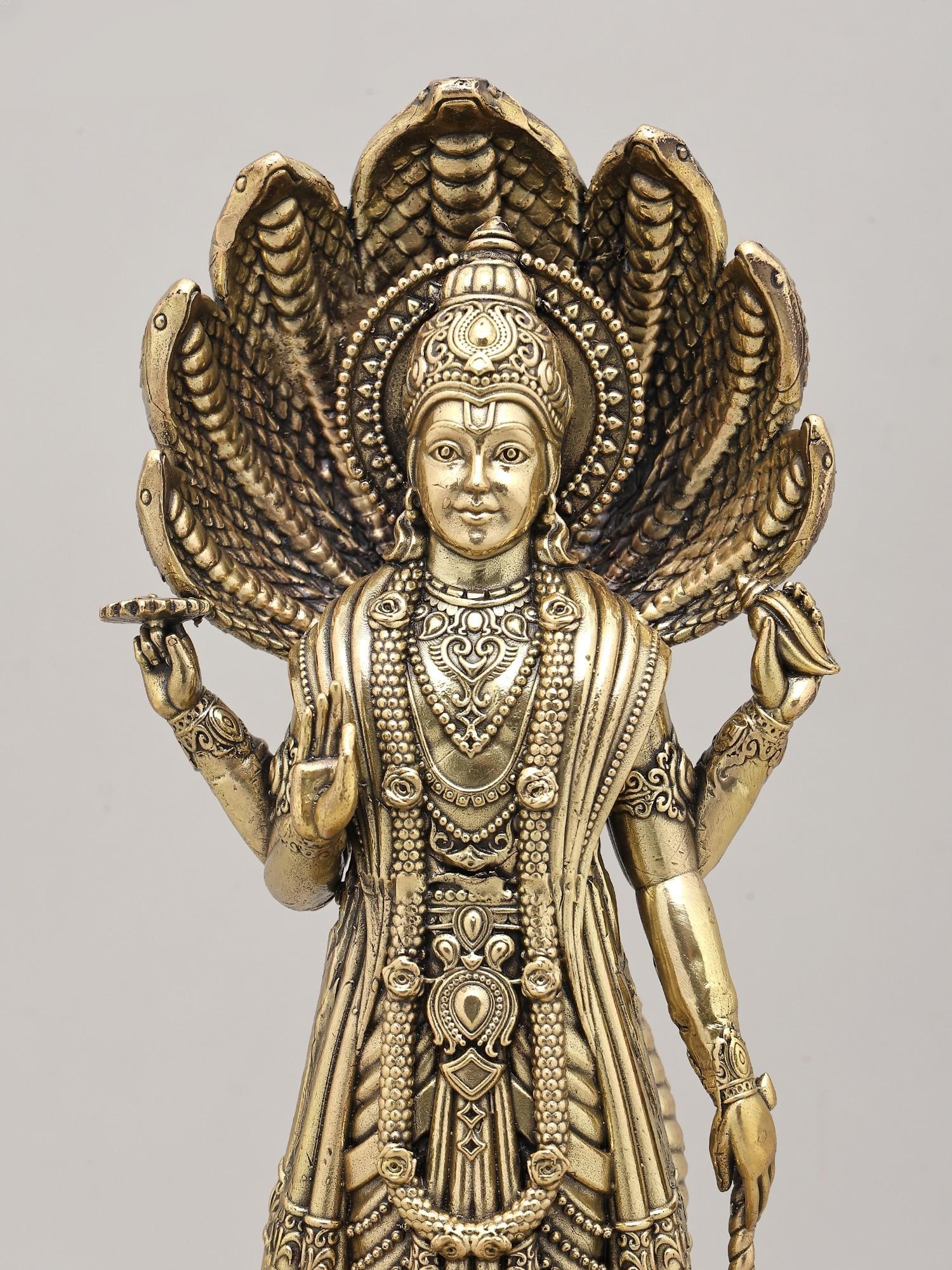 12" Superfine Four Armed Lord Vishnu with Seven Headed Sheshnag and Wood Base | Brass Idol - 2