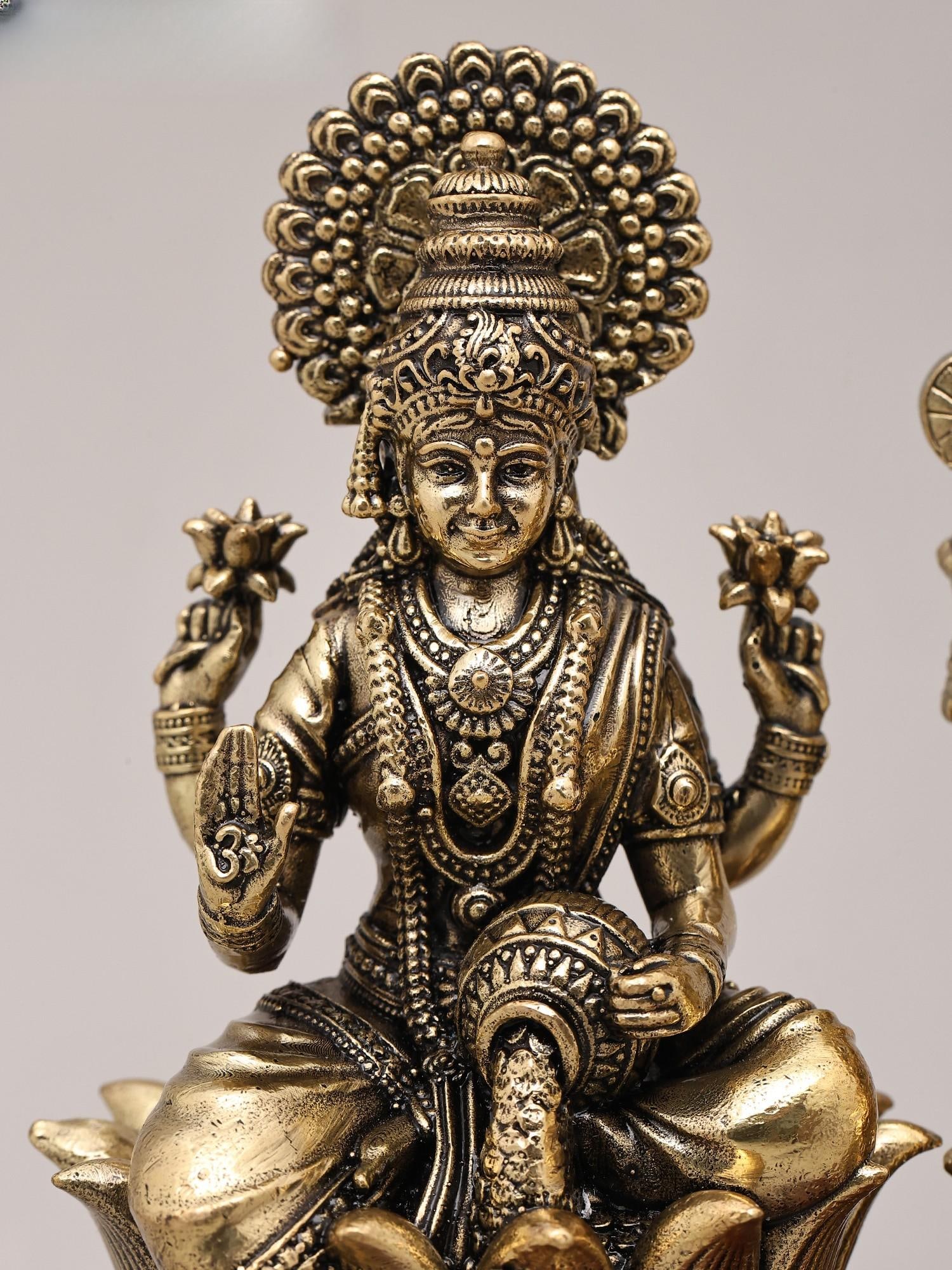 4" Small Superfine Goddess Lakshmi and Lord Ganapati Pair with Wood Base | Brass Idol - 2