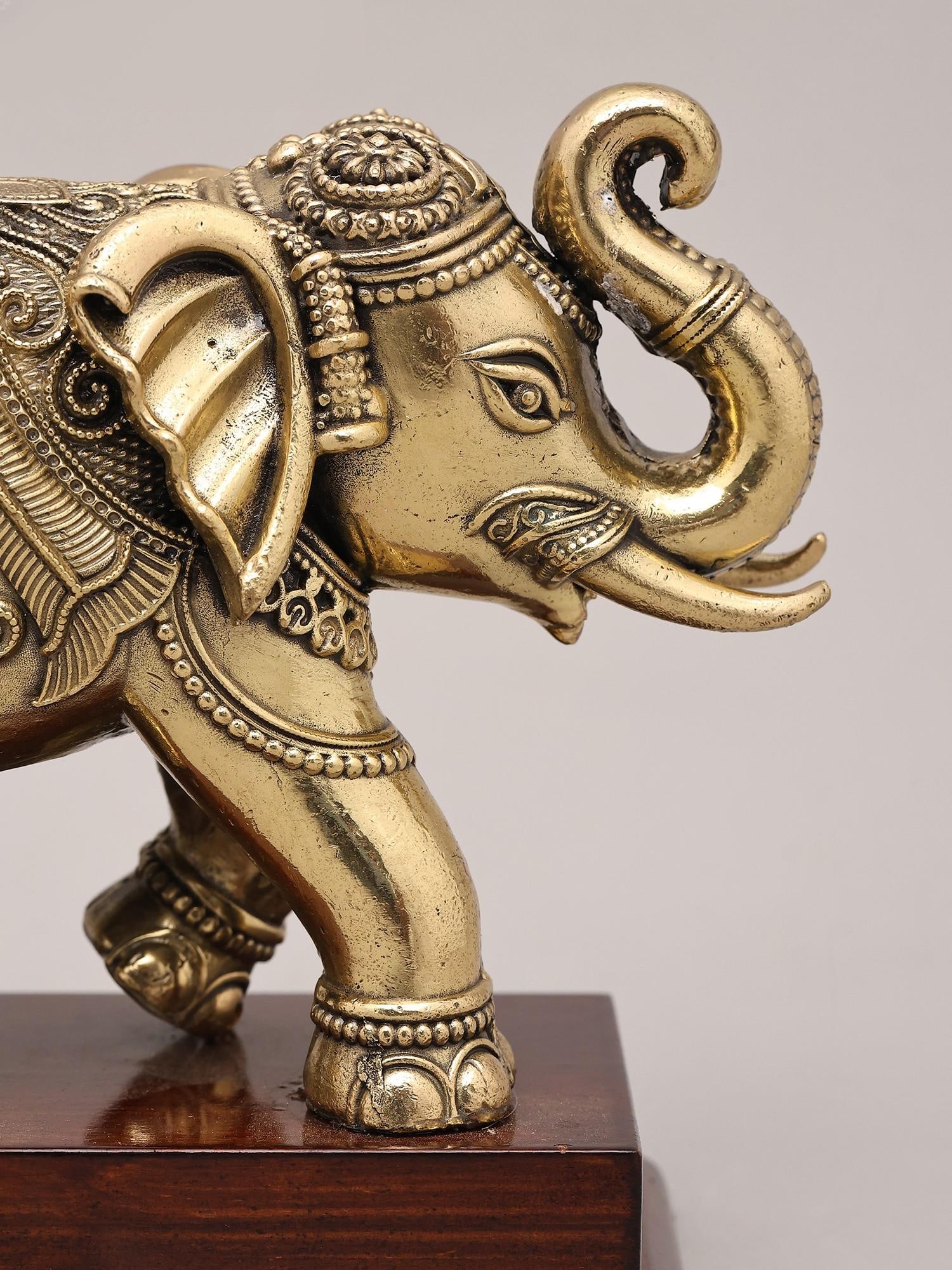 5" Small Superfine Royal Elephant with Wood Base | Brass Figurine - 2