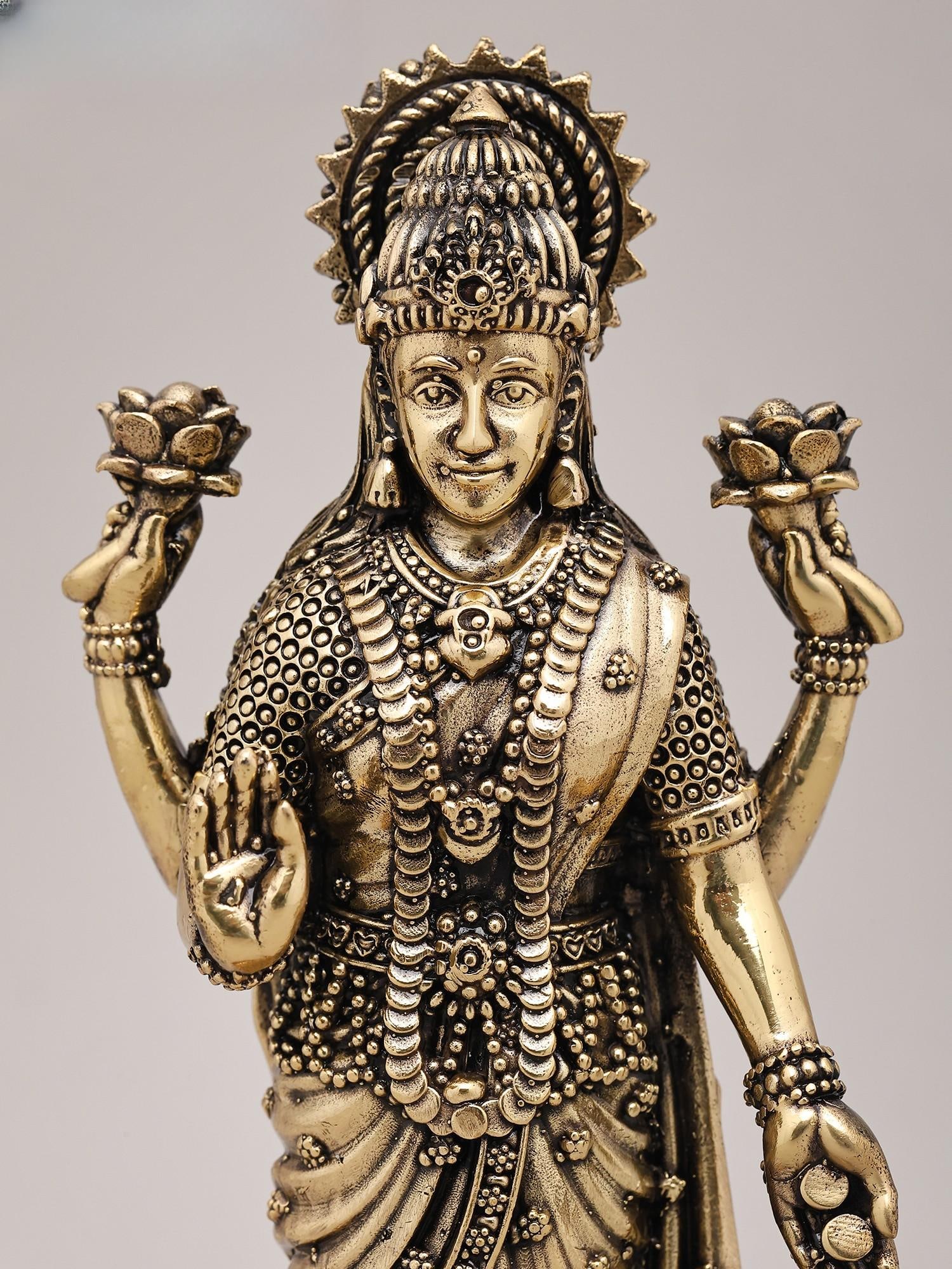 7" Superfine Goddess Lakshmi Standing on Lotus with Wood Base | Brass Sculpture - 2