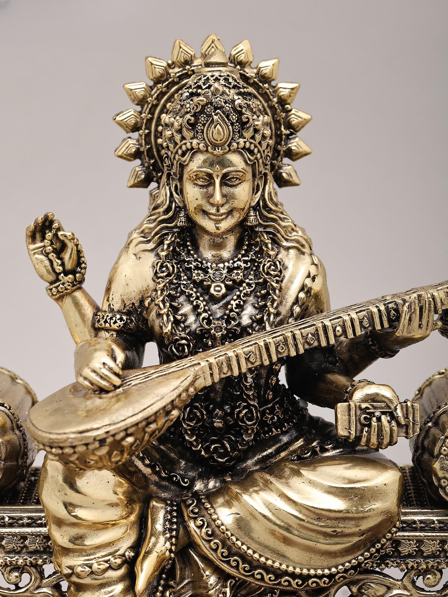 9" Superfine Goddess Saraswati Seated on Asana and Playing Sitar with Wood Base | Brass Idol - 2