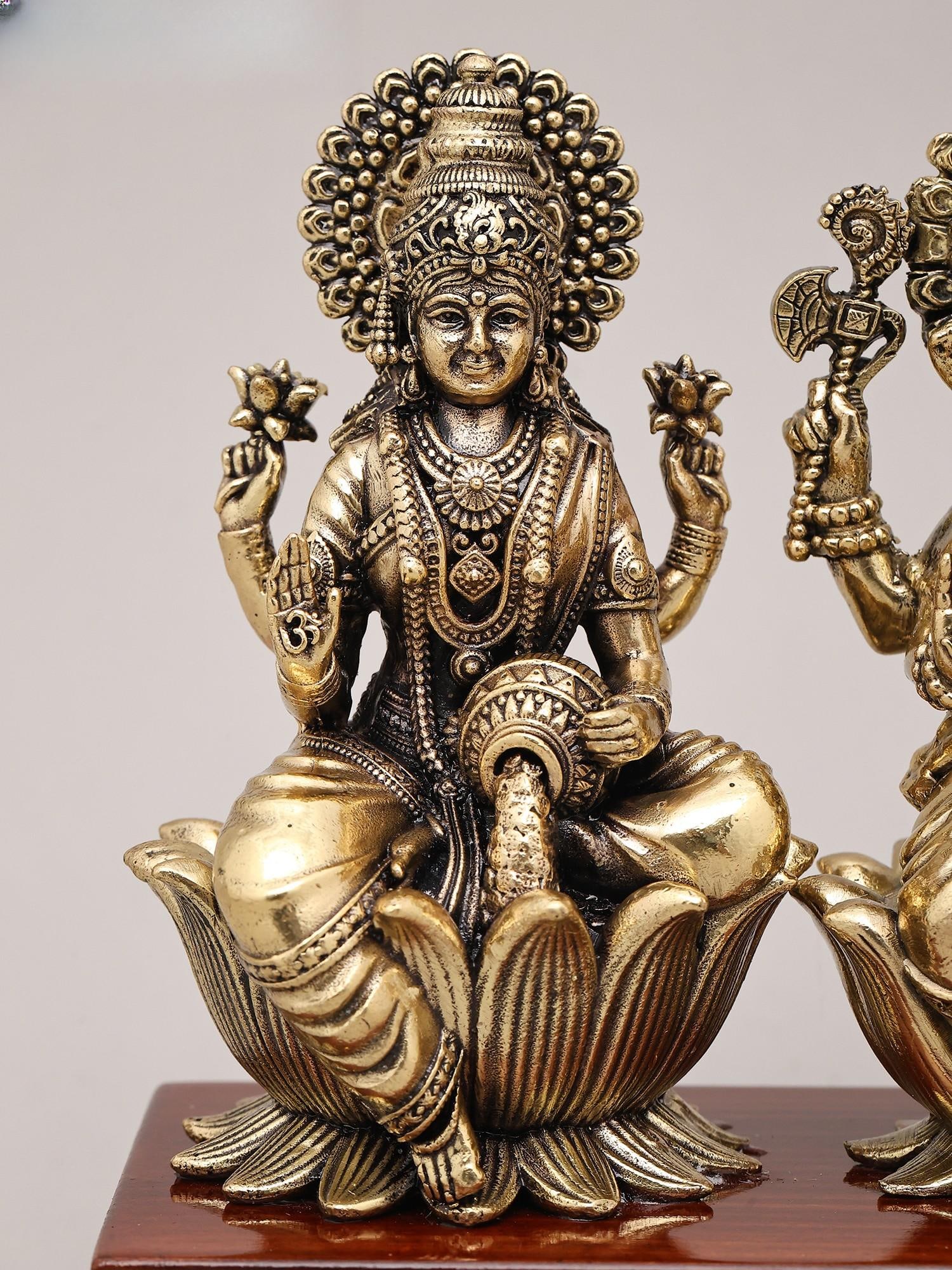 9" Superfine Goddess Lakshmi Ganesha and Saraswati Seated on Wood Base | Brass Sculpture - 2