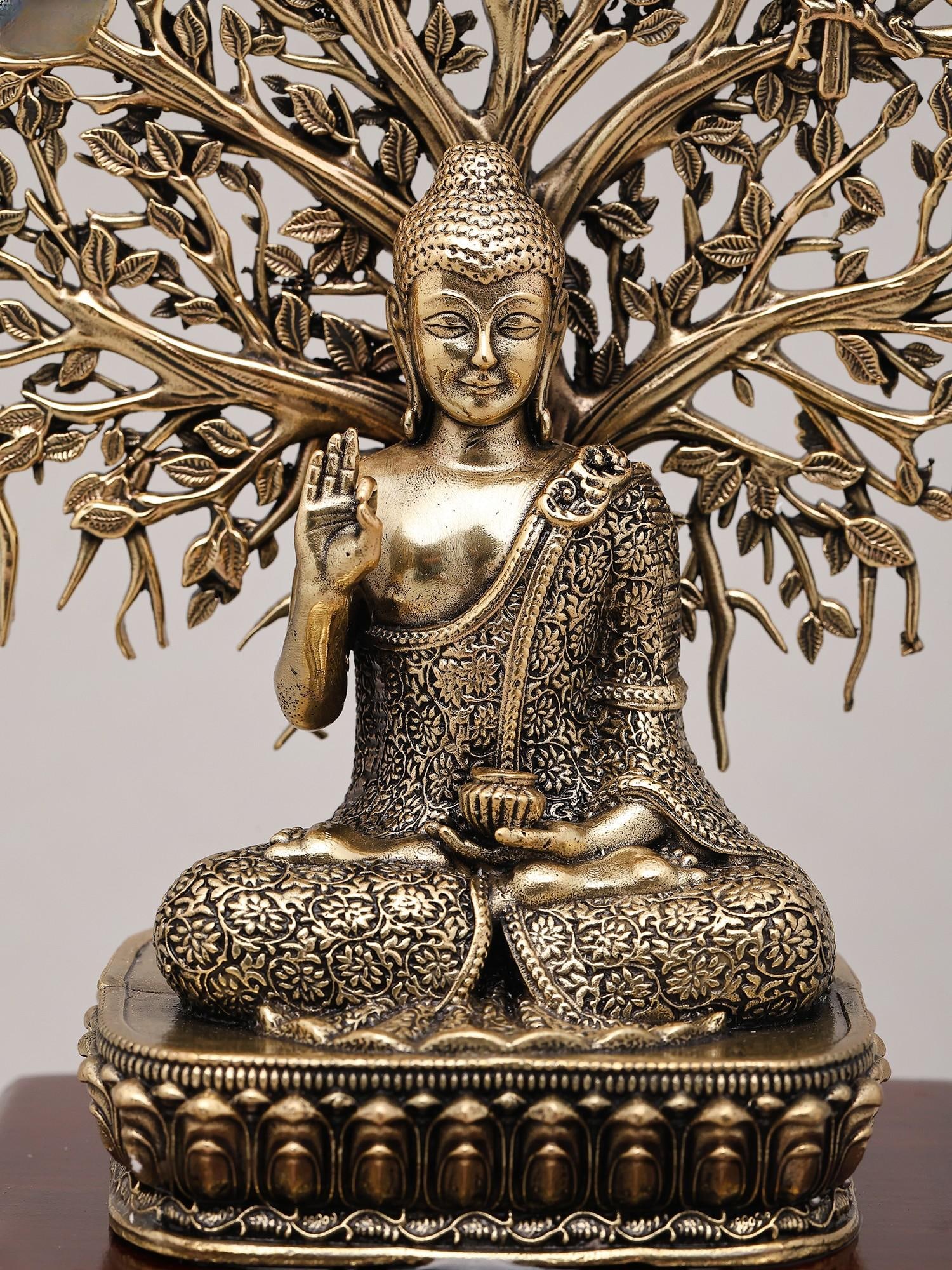 8" Superfine Idol of Lord Buddha Attaining Enlightenment Under The Bodhi Tree with Wood Base | Brass - 2