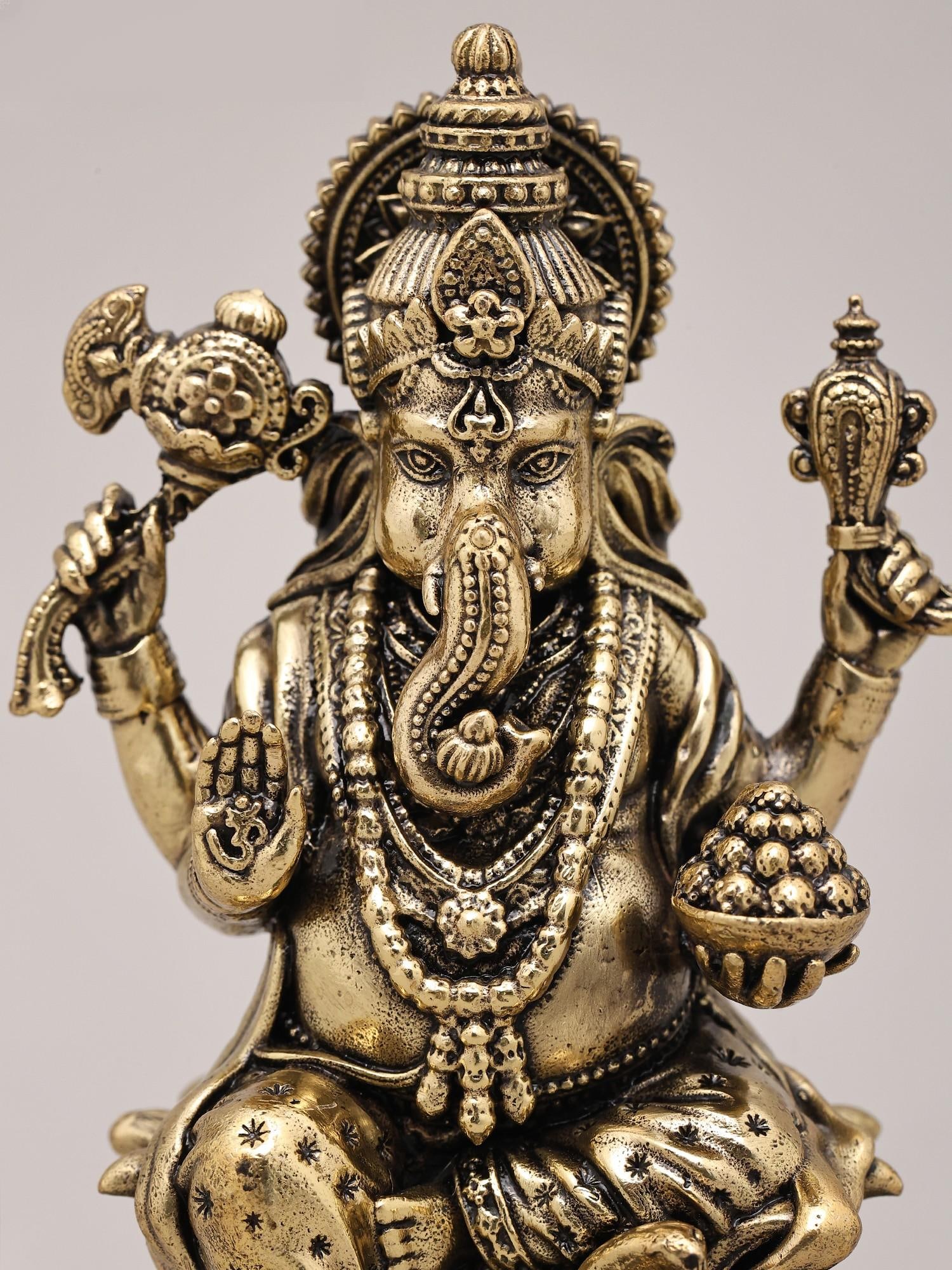 5" Small Superfine Ekadanta - The Lord Ganesha Seated on Lotus with Wood Base | Brass Idol - 2