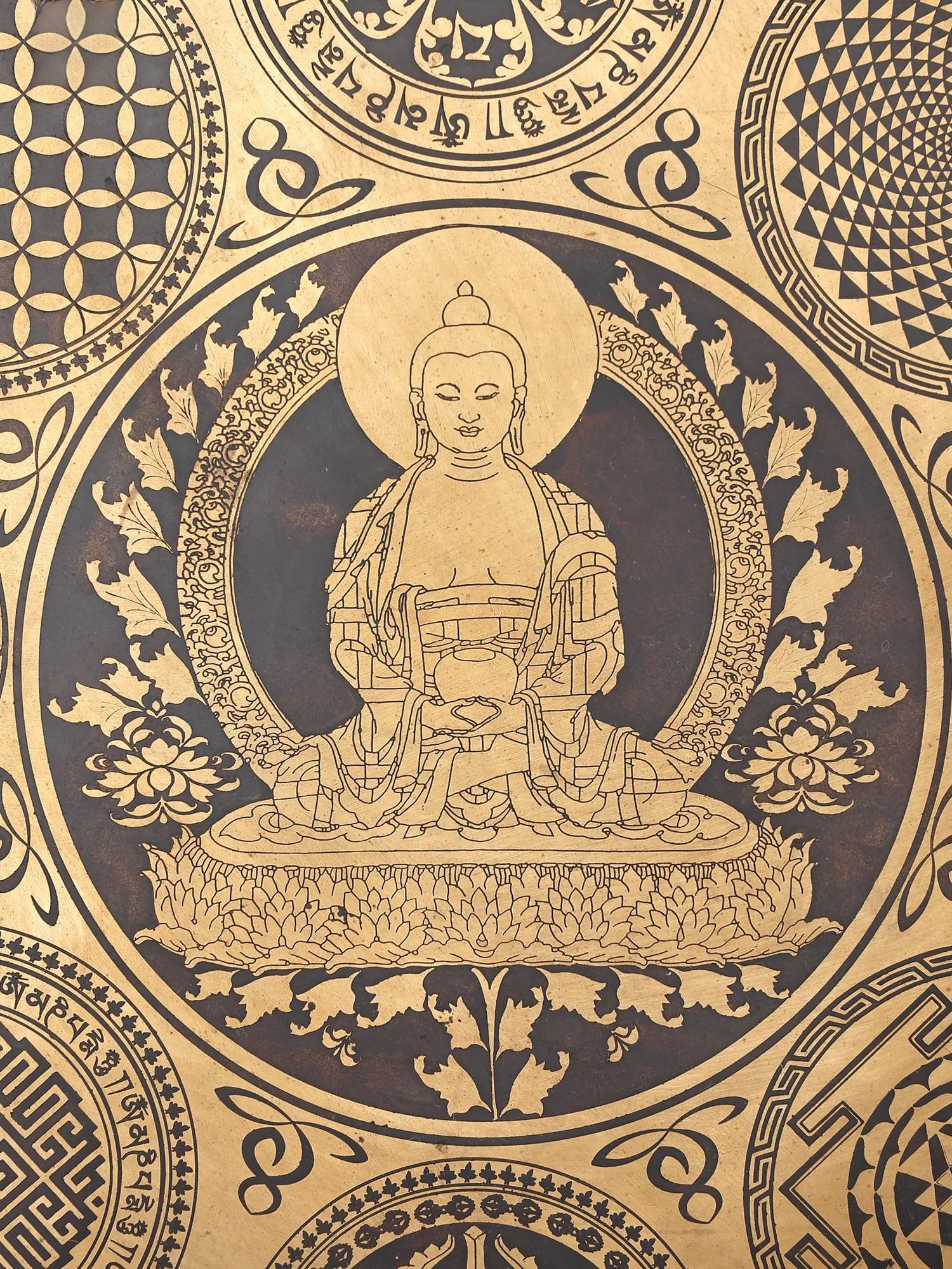 17" Ashtamangala Engraved Buddha Bronze Gong for Meditation with Wood Beater | Made in India - 2