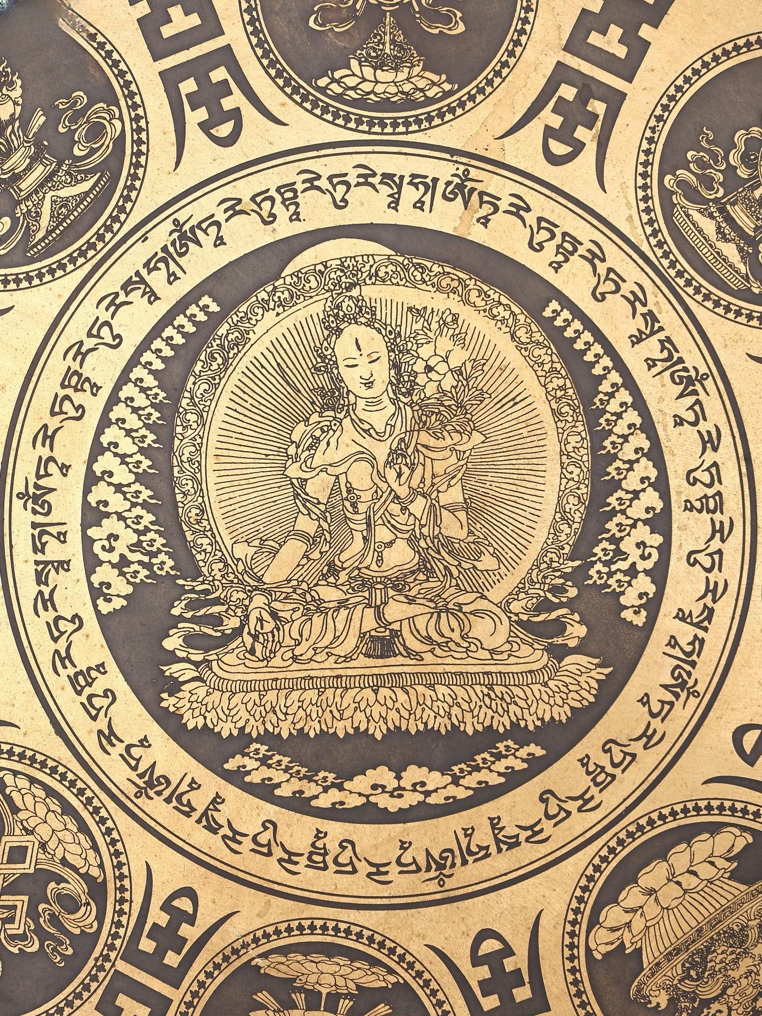 17" Buddhist Deity Seated in The Center of Peace and Tibetan Bronze Gong with Wood Beater | Made in - 2
