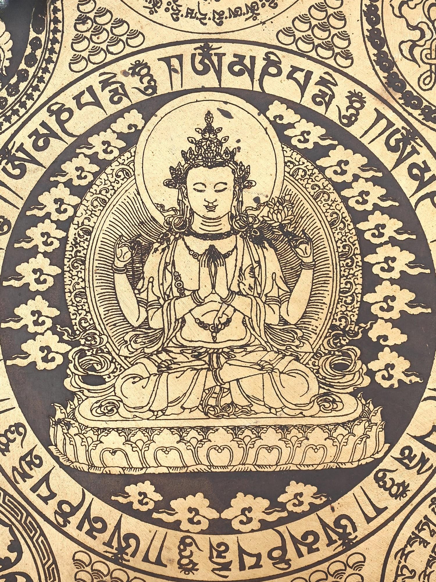 17" Tibetan Bronze Gong with Wood Beater, Mantra and Mandala Etchings | Made in India - 2