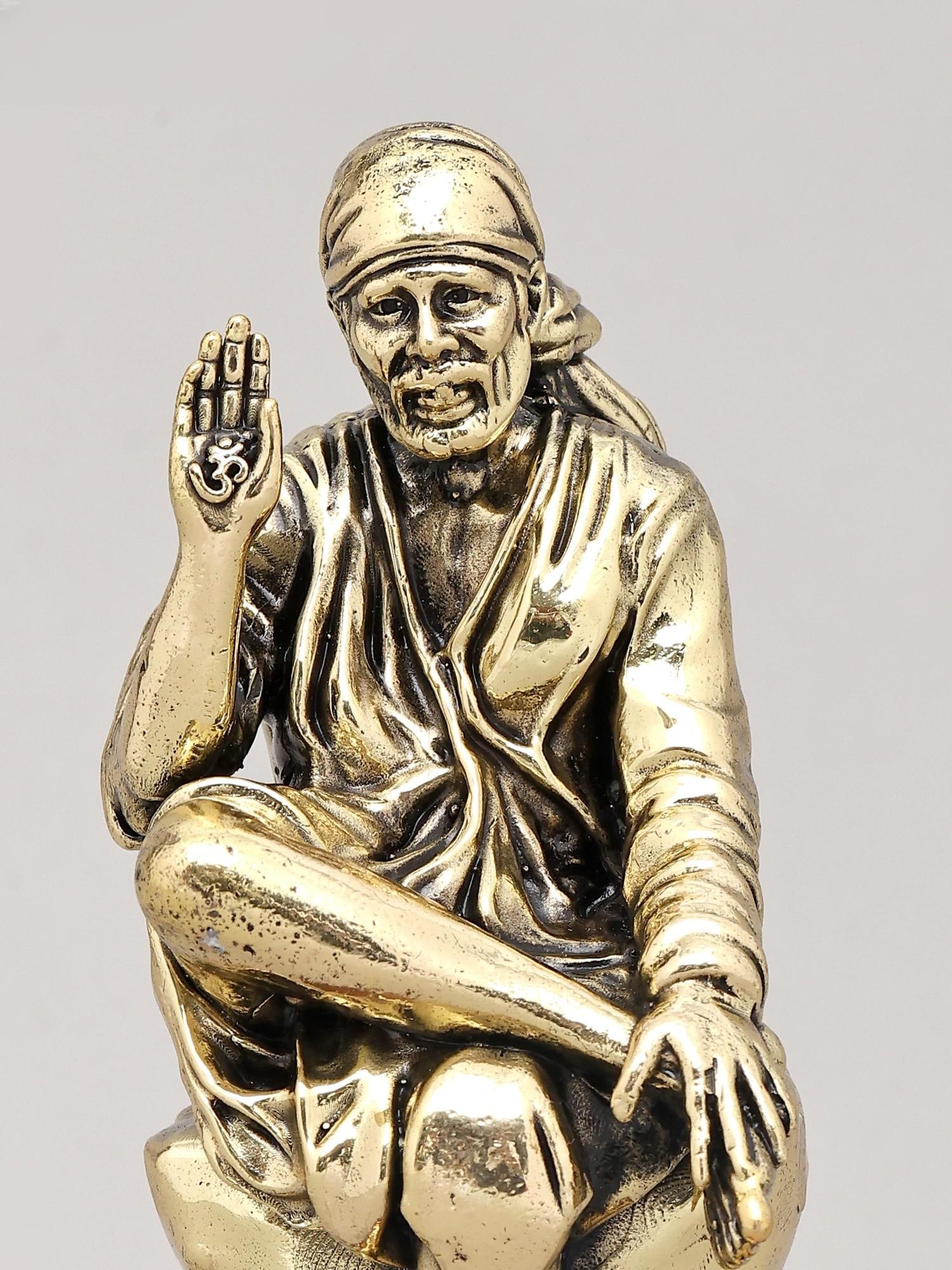 6" Superfine Idol of Saint Sai Seated on Asana with Wood Base | Brass Sculpture - 2