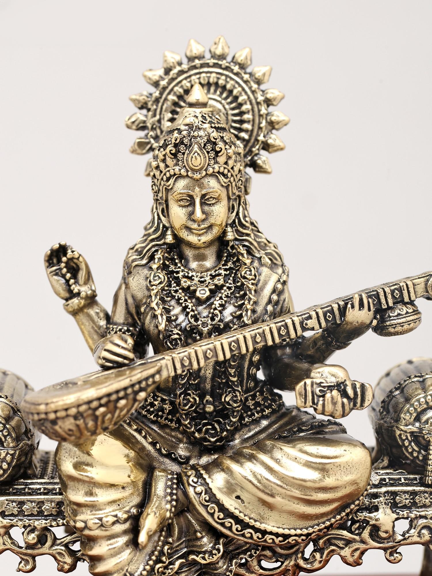 5" Small Superfine Goddess Saraswati - The Deity of Knowledge, Music, Art, and Learning with Wood - 2