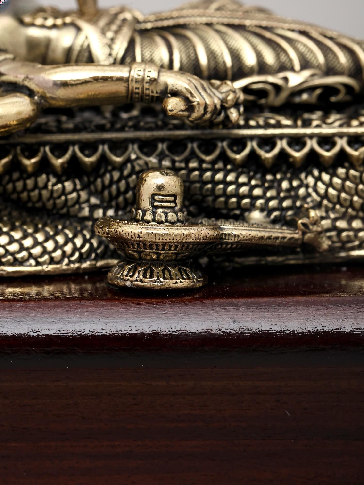 4" Small Superfine Lord Vishnu in His Anantha Shayanam Posture with Wood Base | Brass Idol - 2