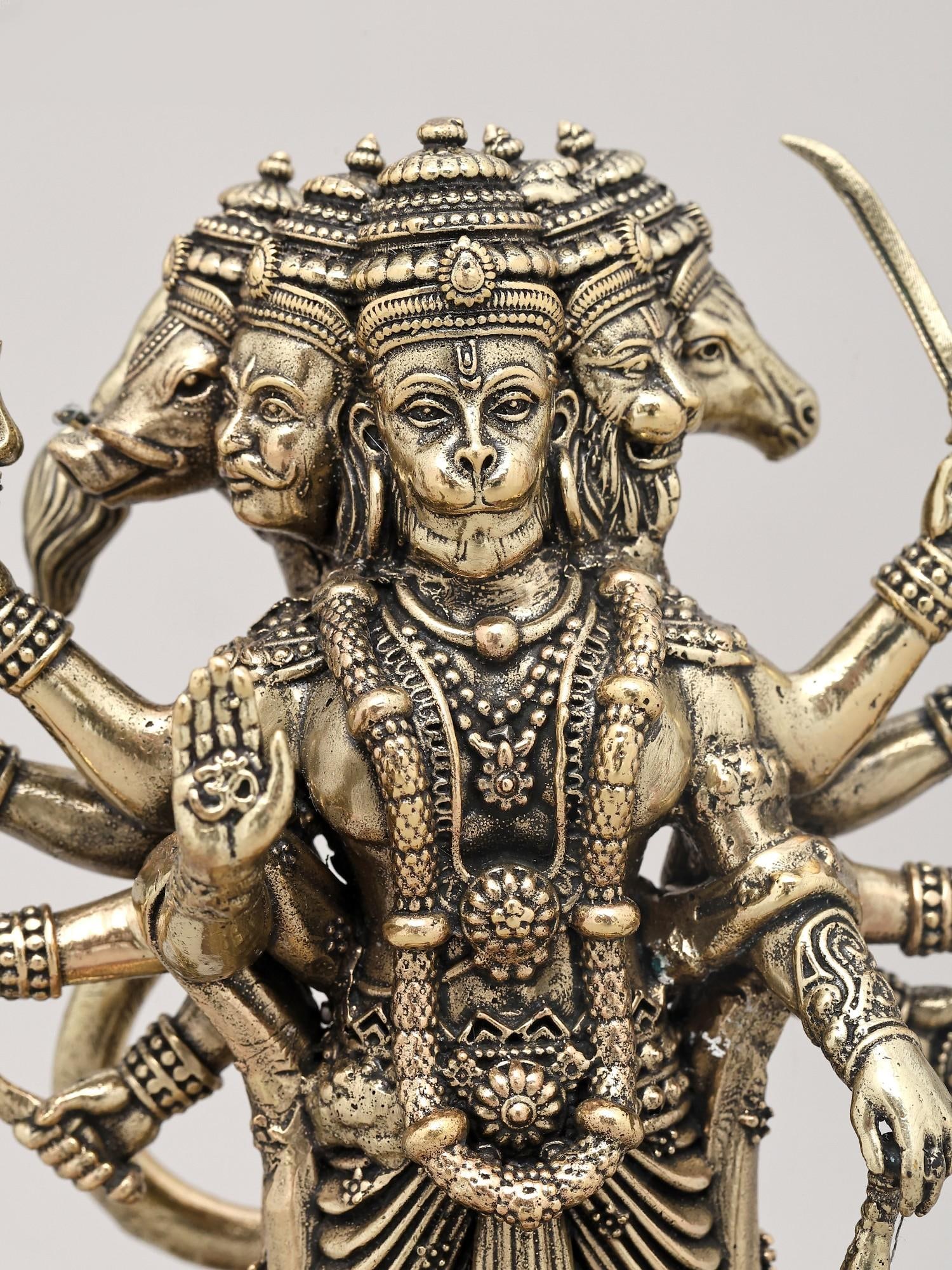 Superfine Ten Armed Panchamukhi Hanuman in Standing Gesture with Wood Base | Brass Sculpture - 2