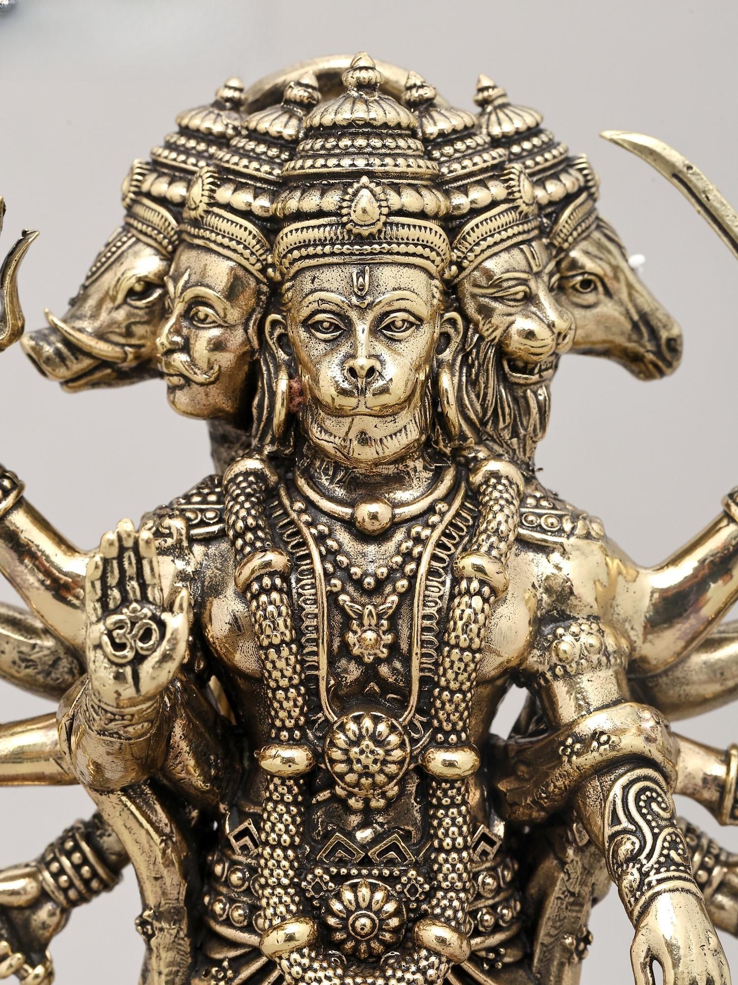 Superfine Ten Armed Panchamukhi Hanuman in Standing Gesture with Wood Base | Brass Sculpture - 2