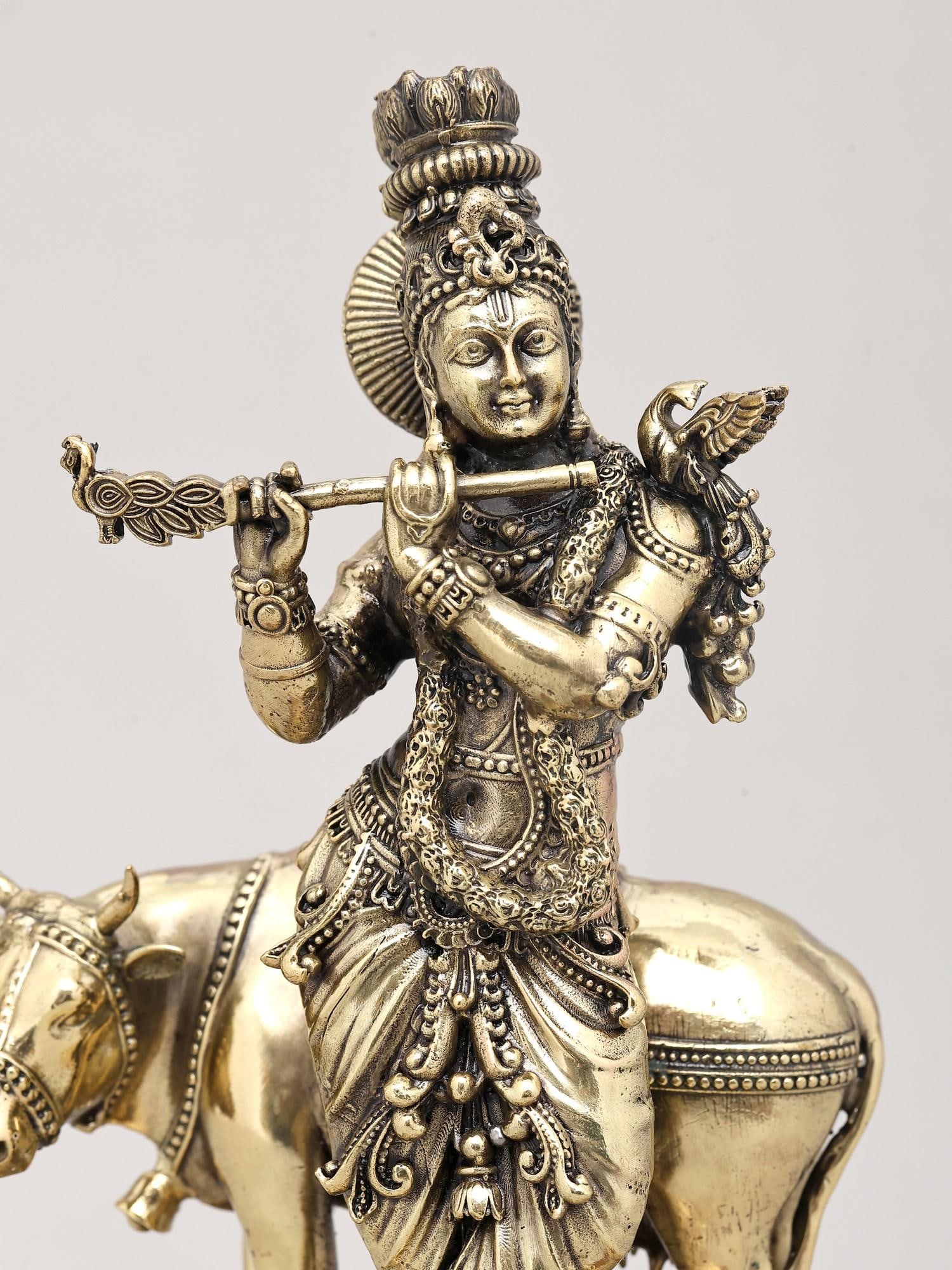 8" Superfine Lord Krishna Idol with Cow, Flute and Wood Base | Brass Statue - 2