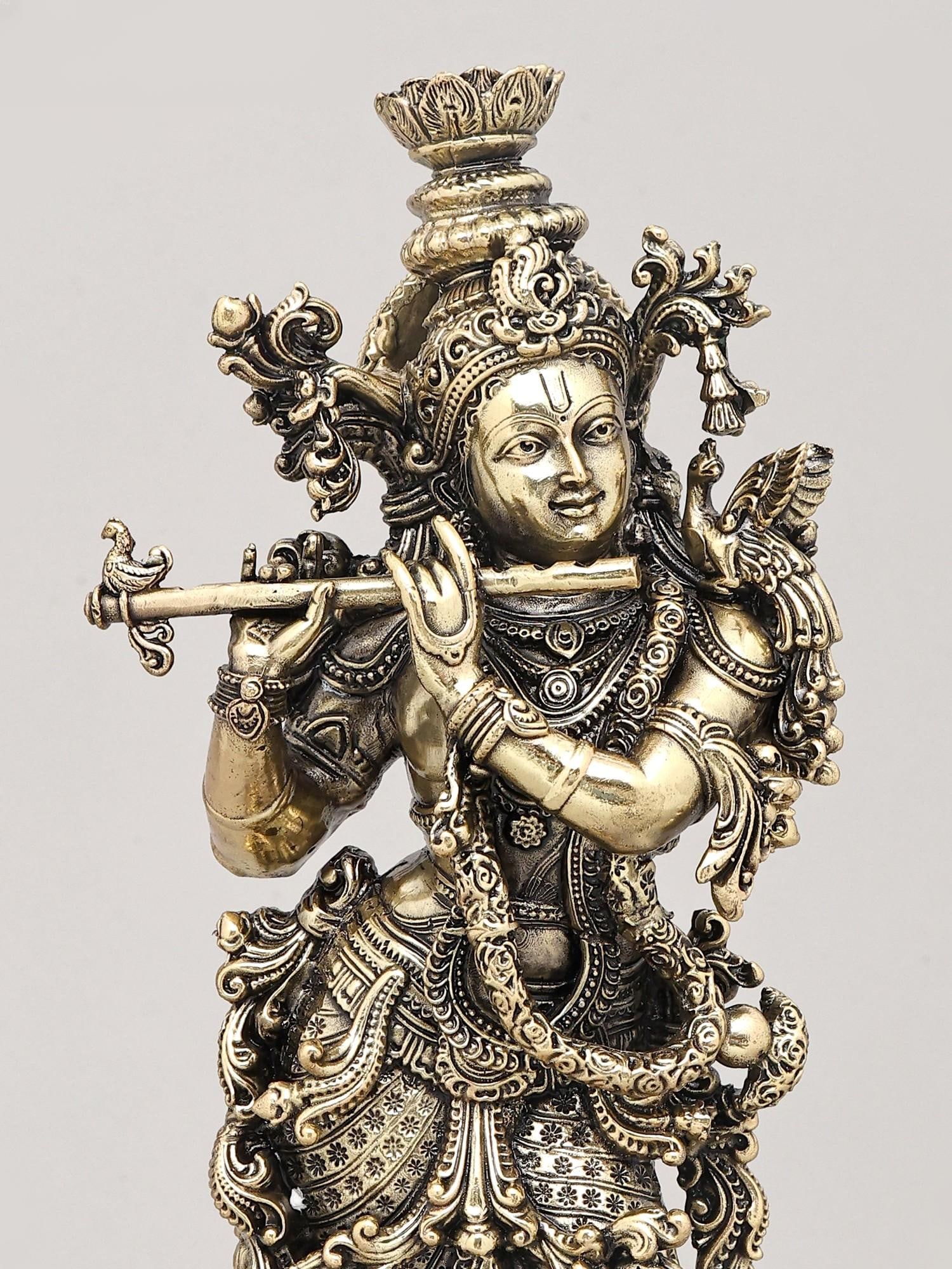 13" Superfine Lord Krishna with Flute - The Divine Musician with Wood Base | Brass Idol - 2